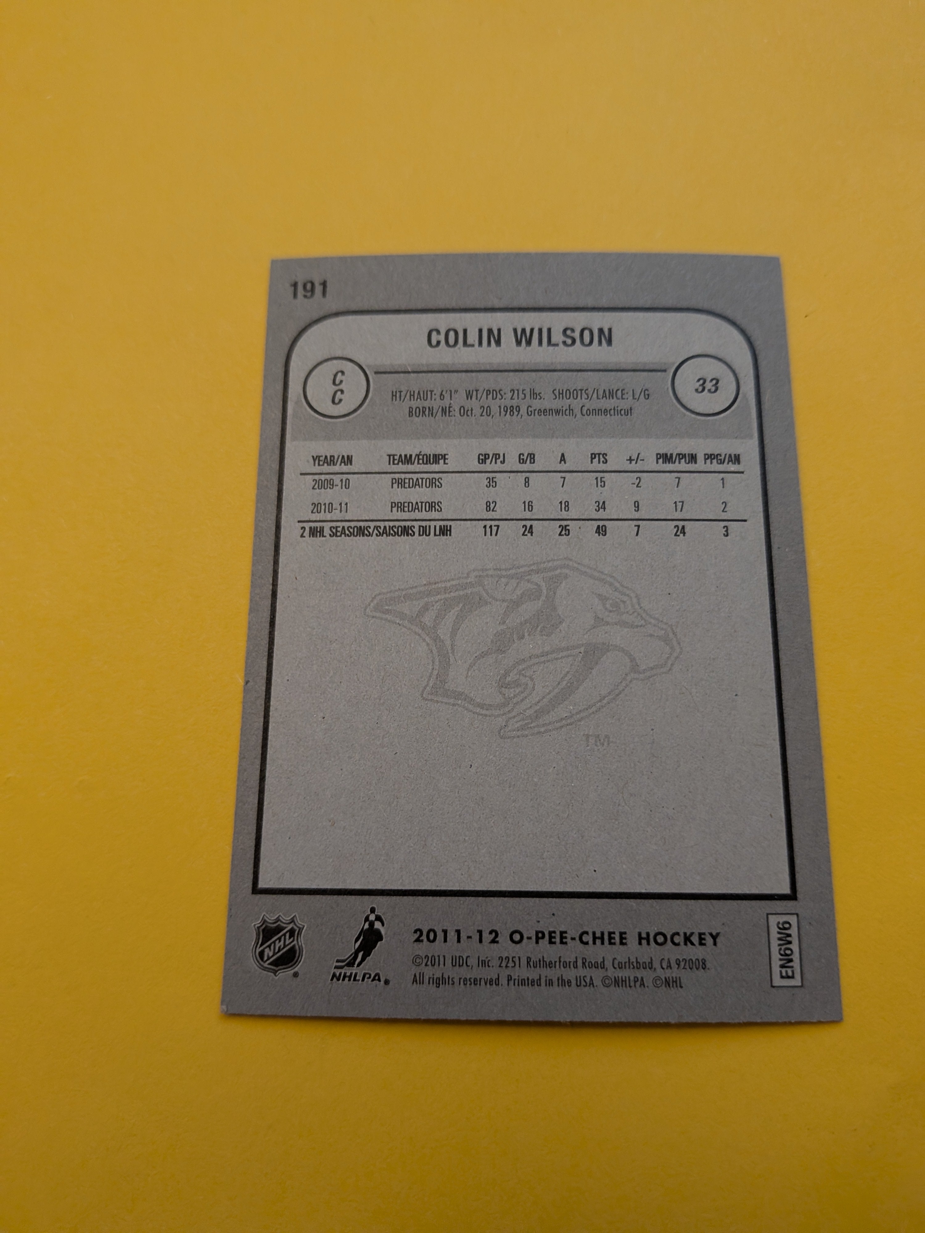 Colin Wilson Signed Nashville Predators Card H