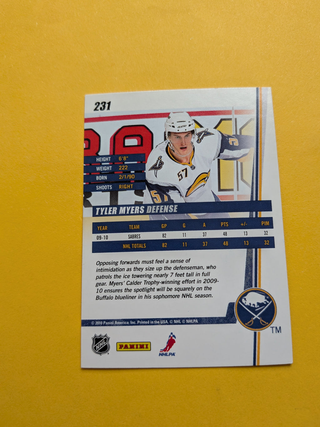 Tyler Myers Signed Buffalo Sabres Card B