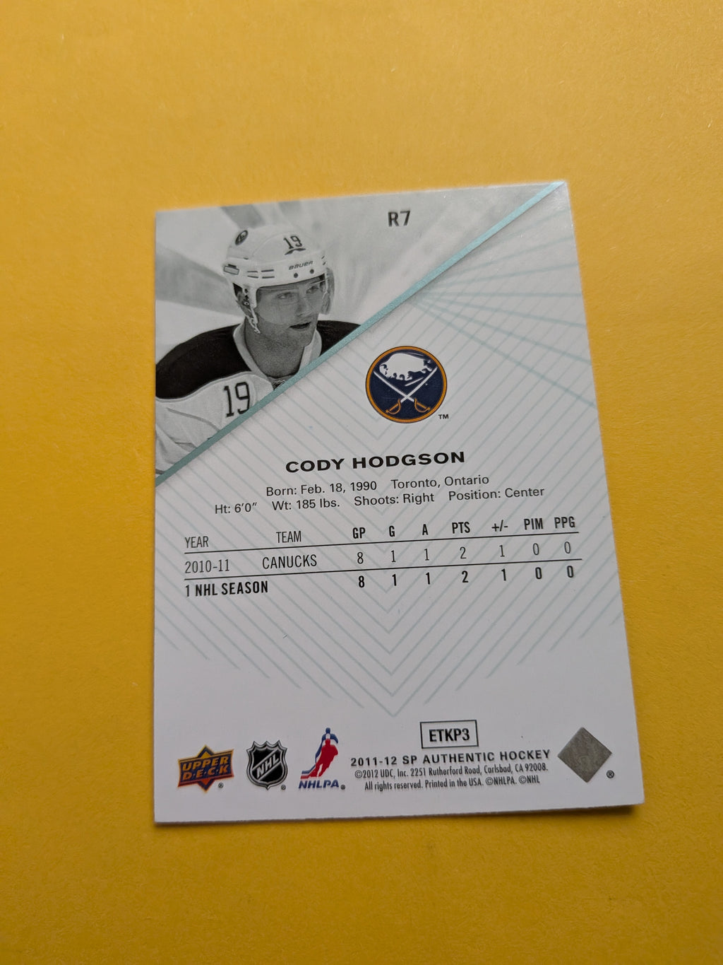 Cody Hodgson Signed Buffalo Sabres Card A