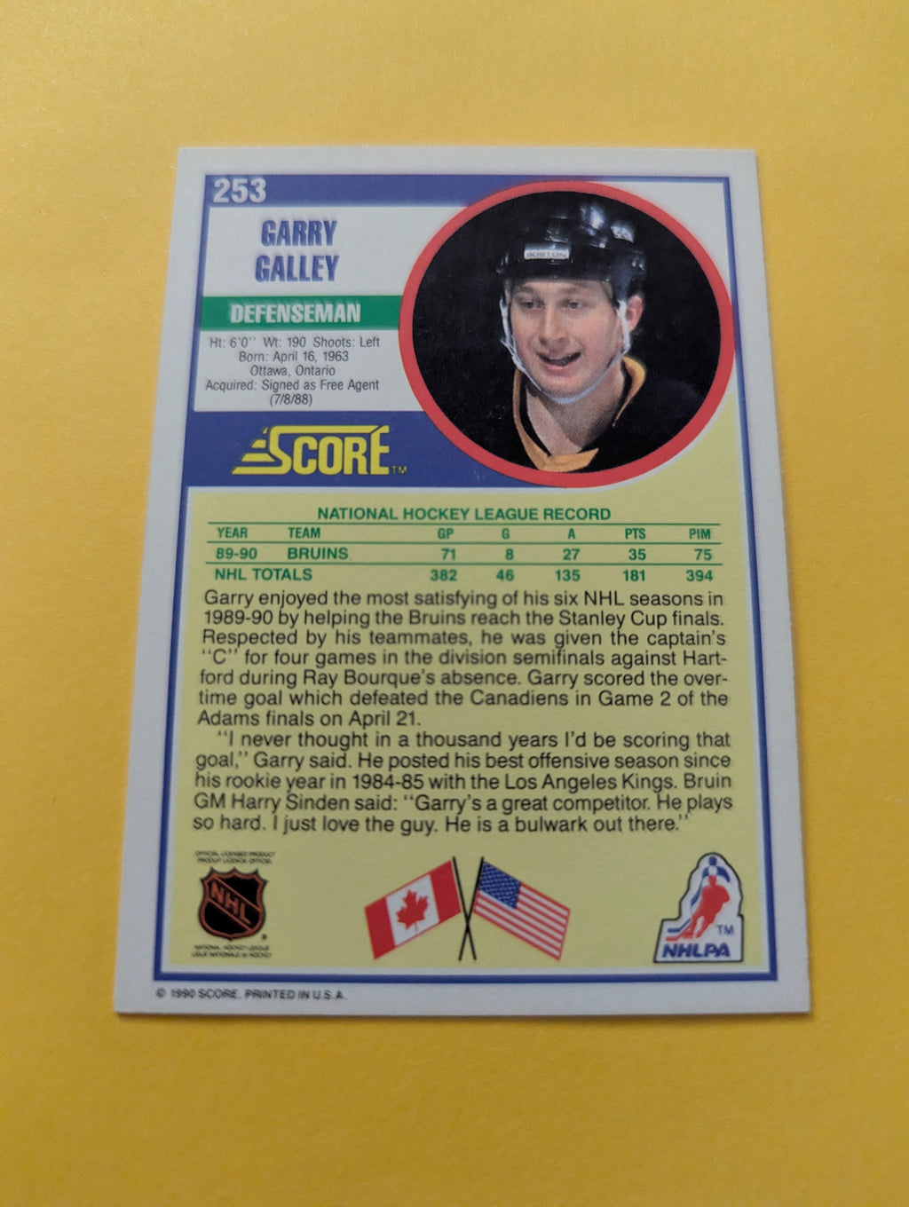 Gary Galley Signed Boston Bruins Card