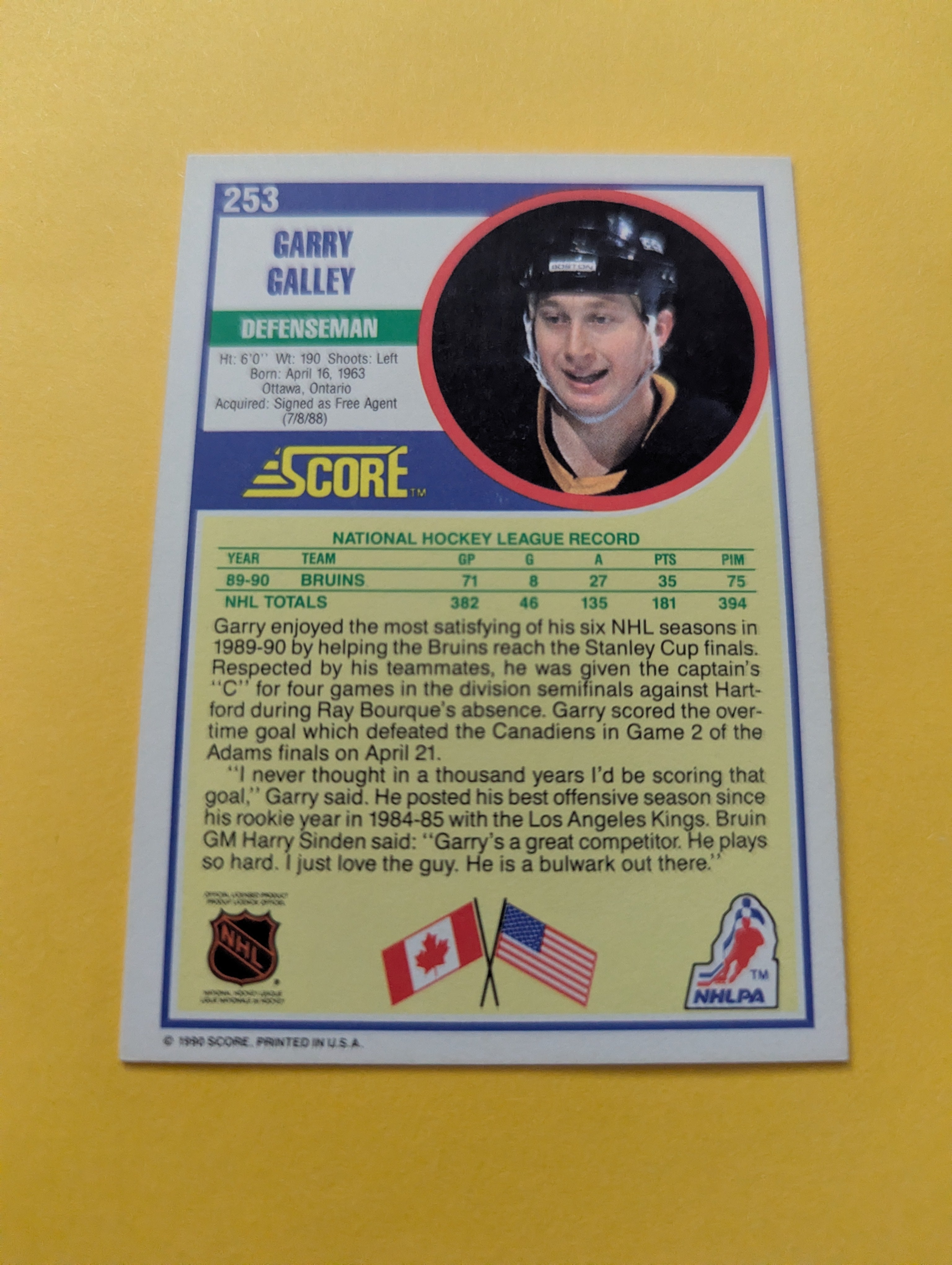 Gary Galley Signed Boston Bruins Card