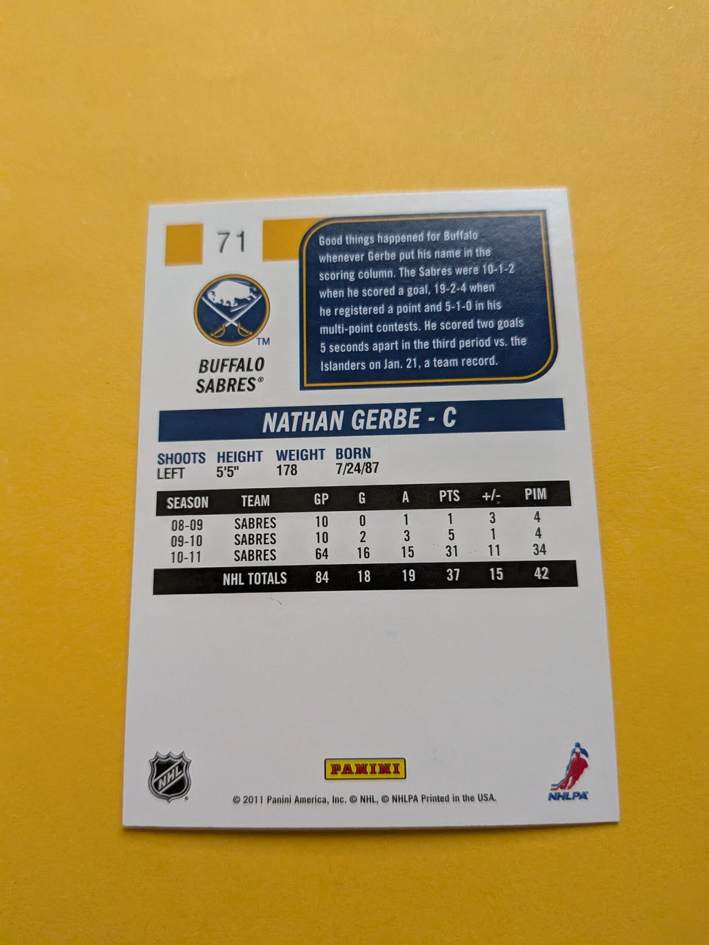 Nate Gerbe Signed Buffalo Sabres Card C