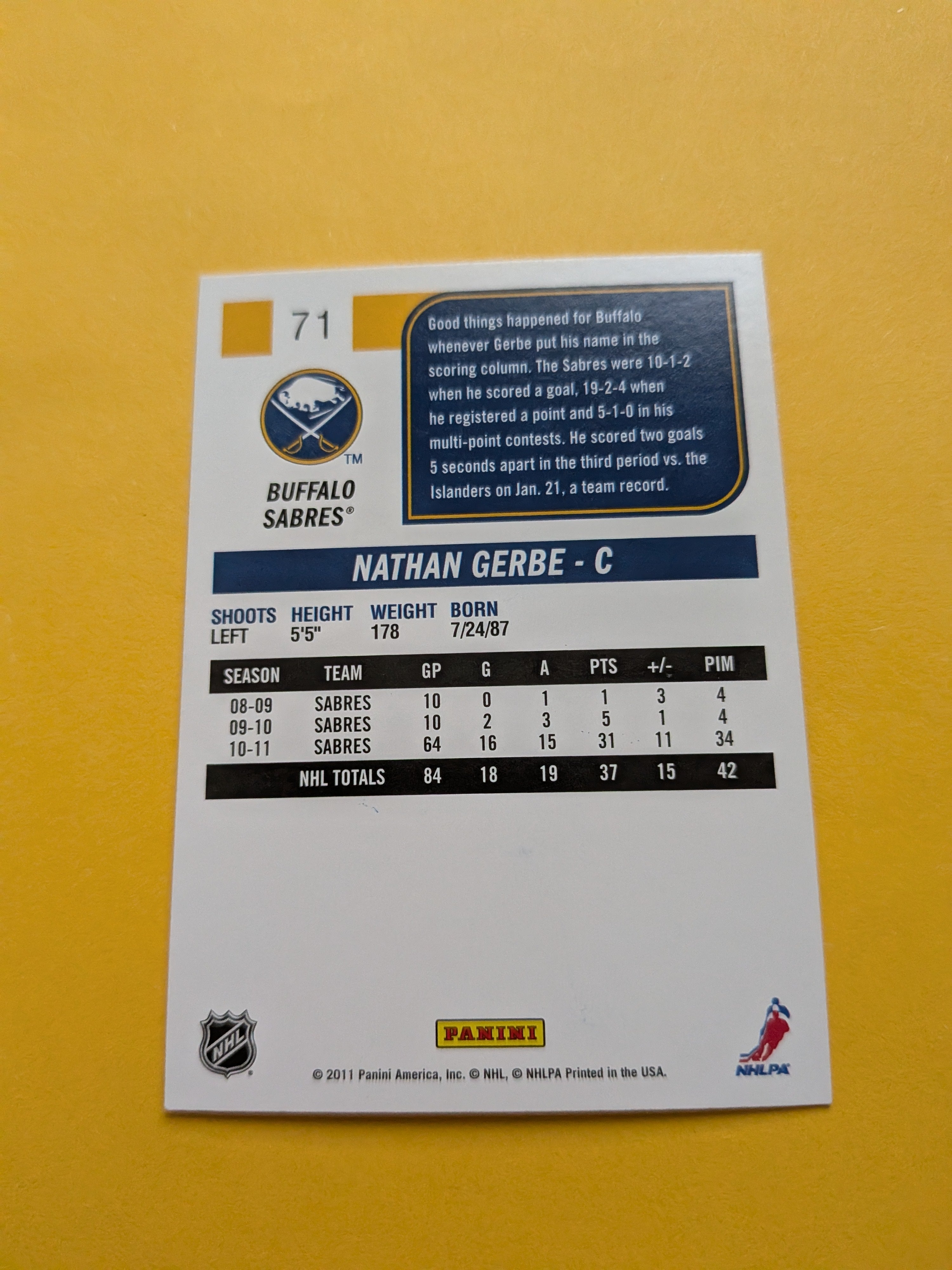 Nate Gerbe Signed Buffalo Sabres Card C