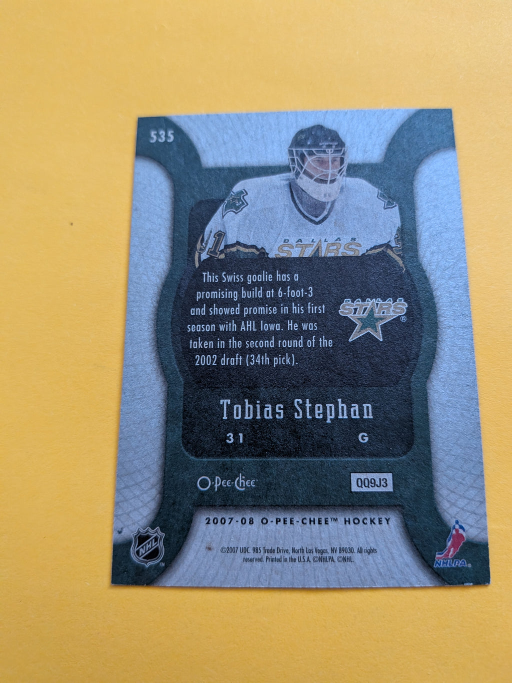 Tobias Stephan Signed Dallas Stars Rookie Card A