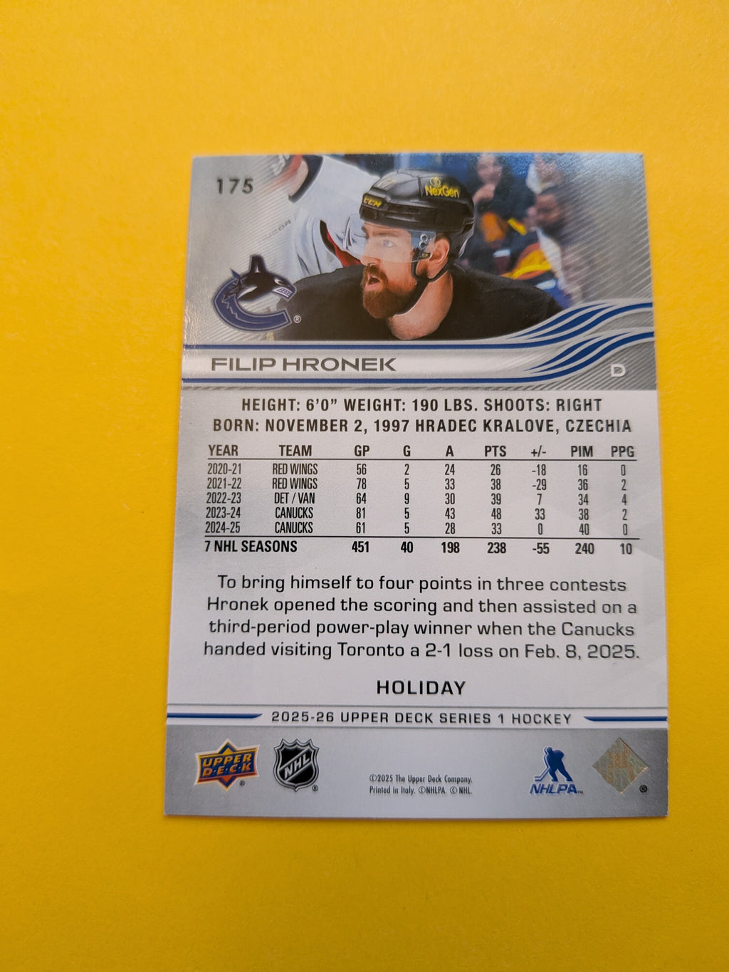 Filip Hronek 25-26 Upper Deck Green Holiday Card