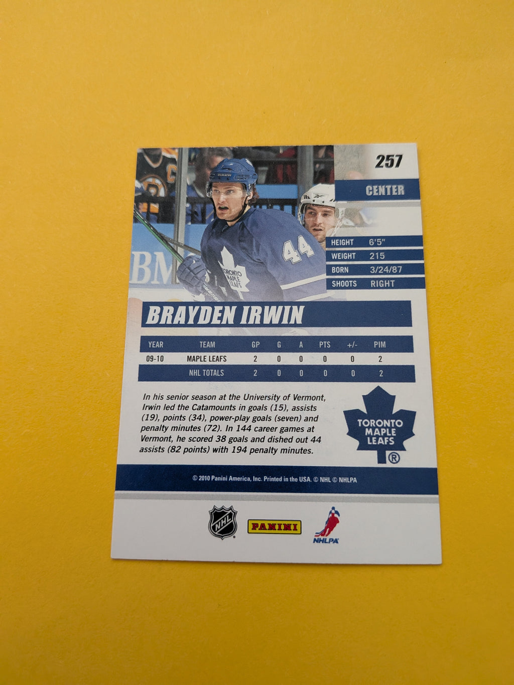 Brayden Irwin Signed Toronto Maple Leafs Rookie Card B