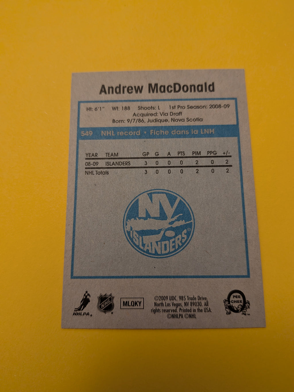 Andrew MacDonald Signed New York Islanders Card A