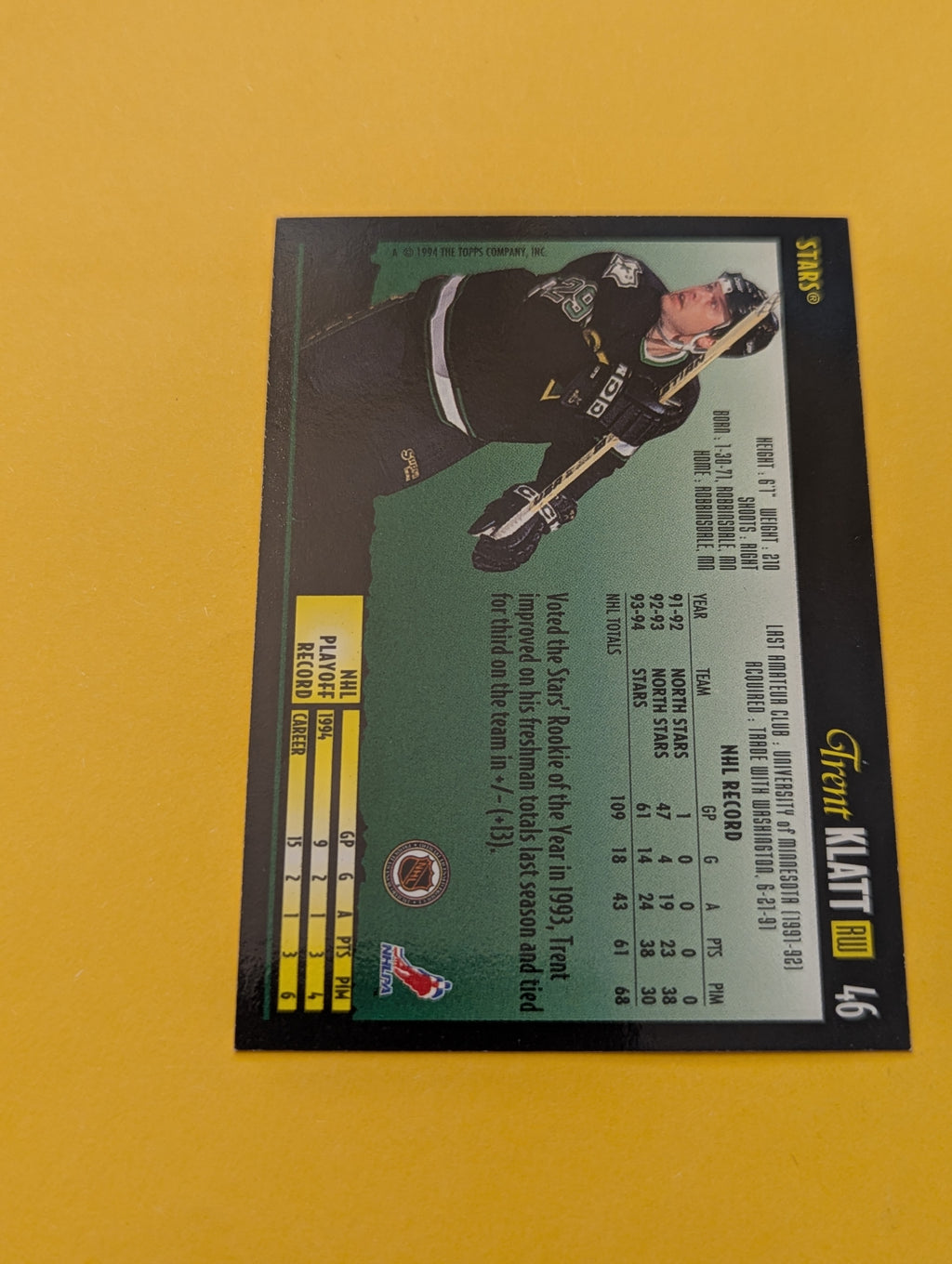 Trent Klatt Signed Dallas Stars Card