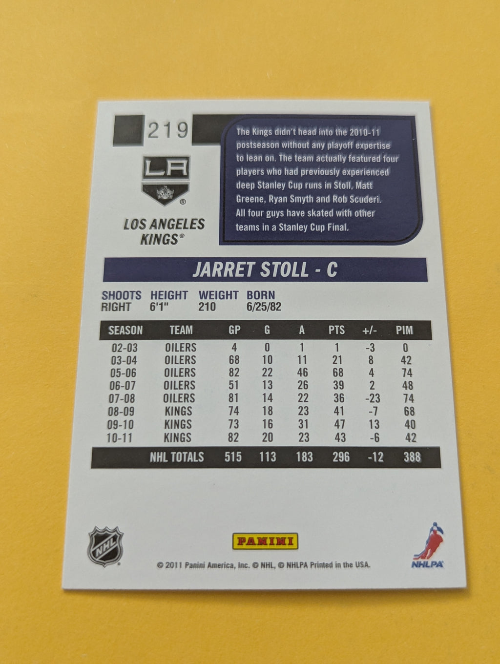 Jarret Stoll Signed Los Angeles Kings Card