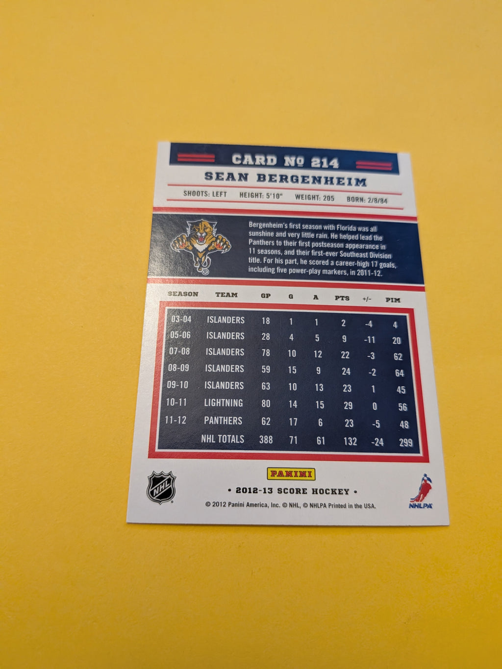 Sean Bergenheim Signed Florida Panthers Card A