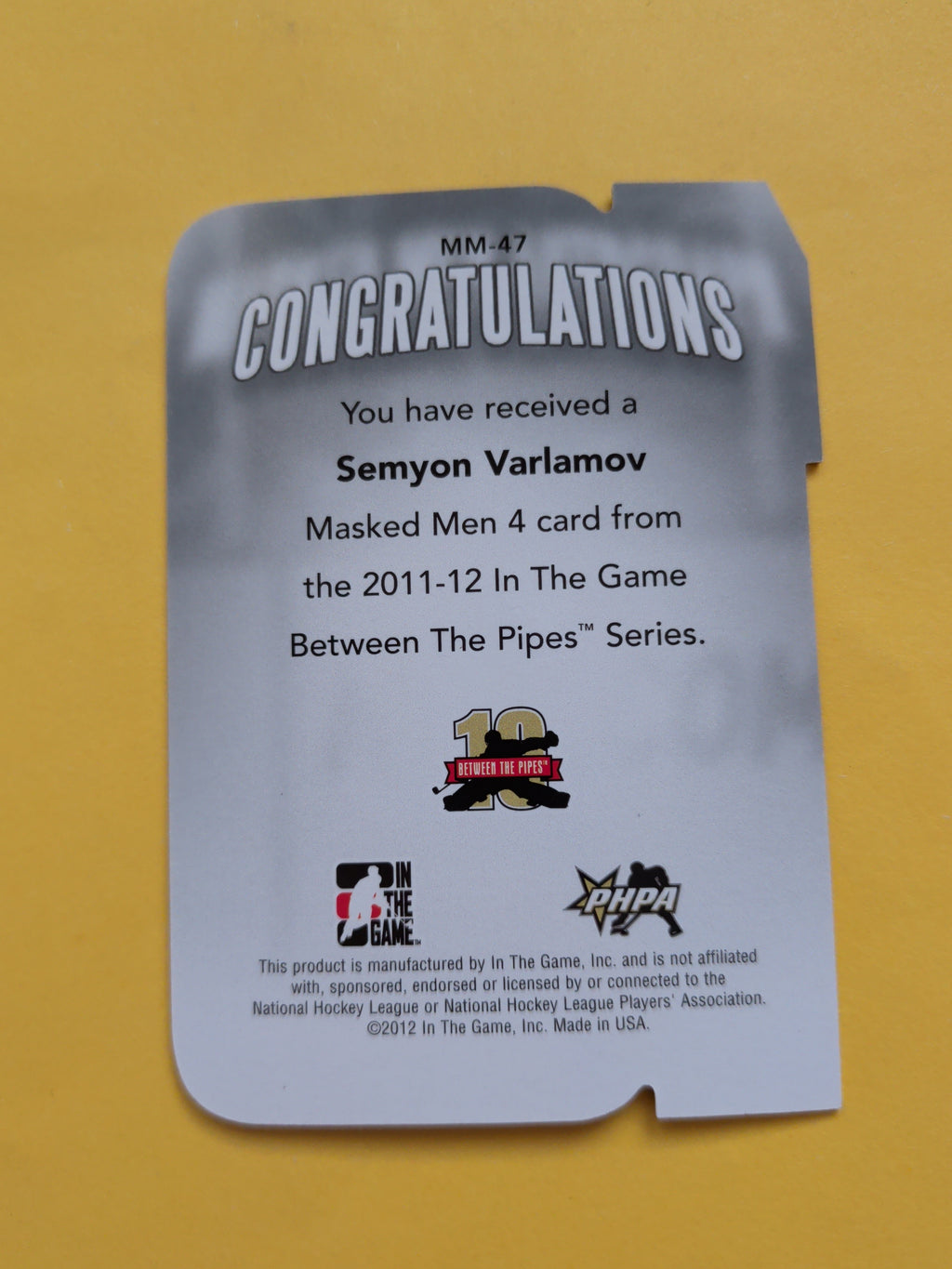Semyon Varlamov 11-12 ITG Between The Pipes Masked Men Card
