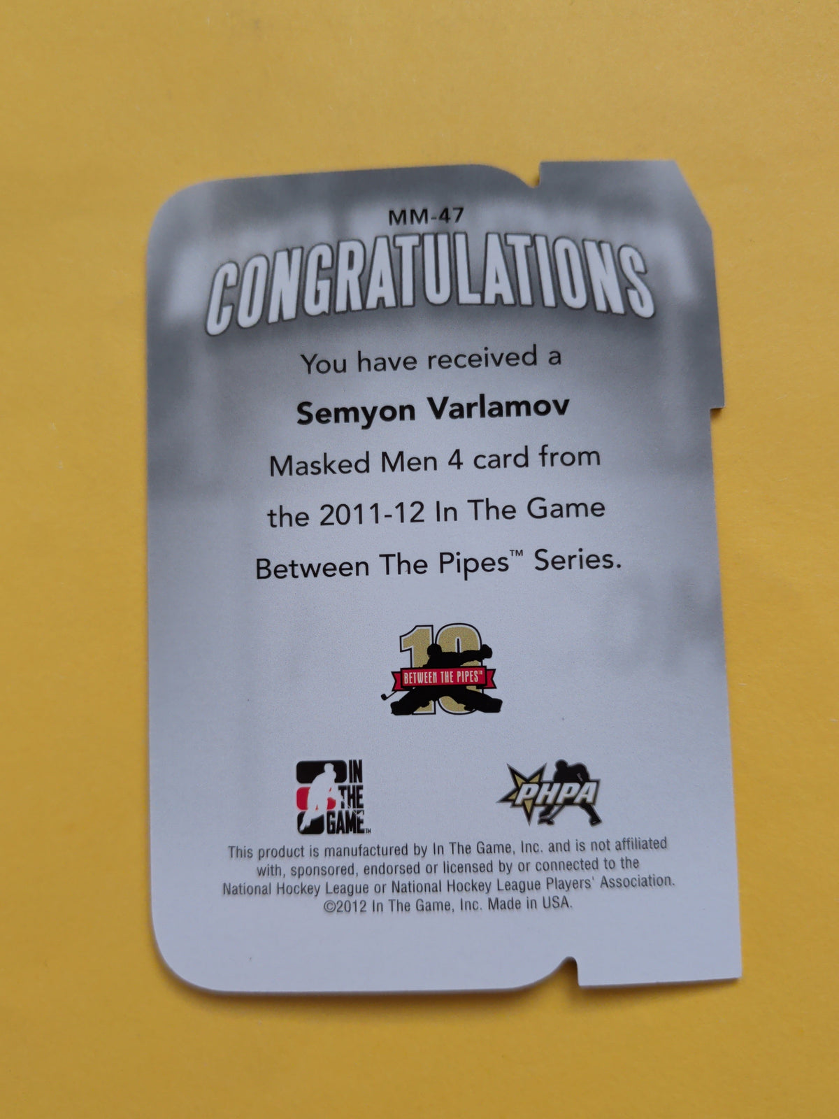 Semyon Varlamov 11-12 ITG Between The Pipes Masked Men Card