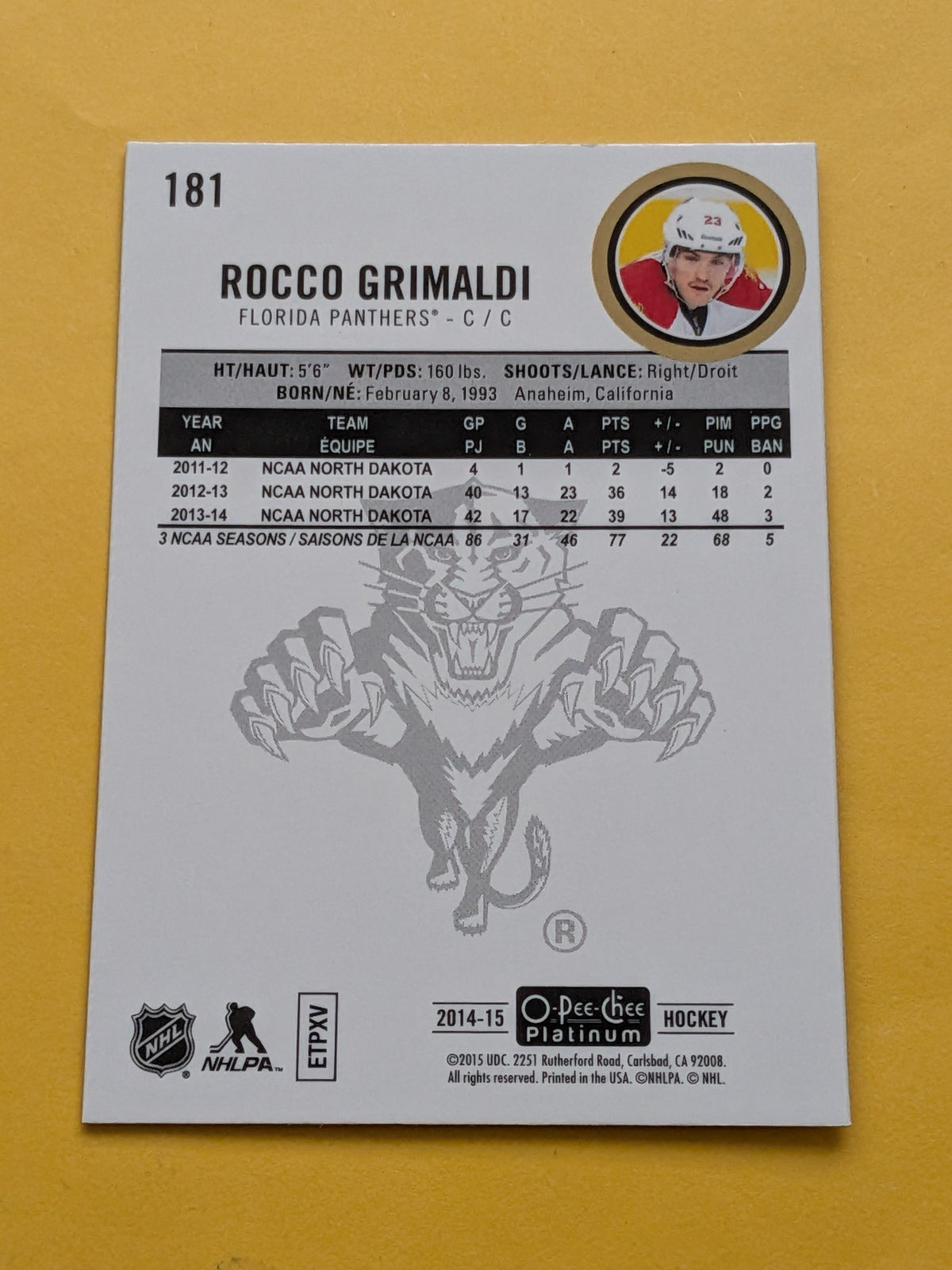 Rocco Grimaldi Signed Florida Panthers Rookie Card B