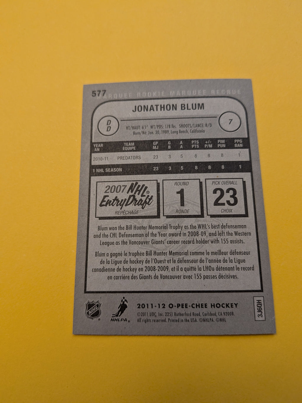 Jonathon Blum Signed Nashville Predators Rookie Card A