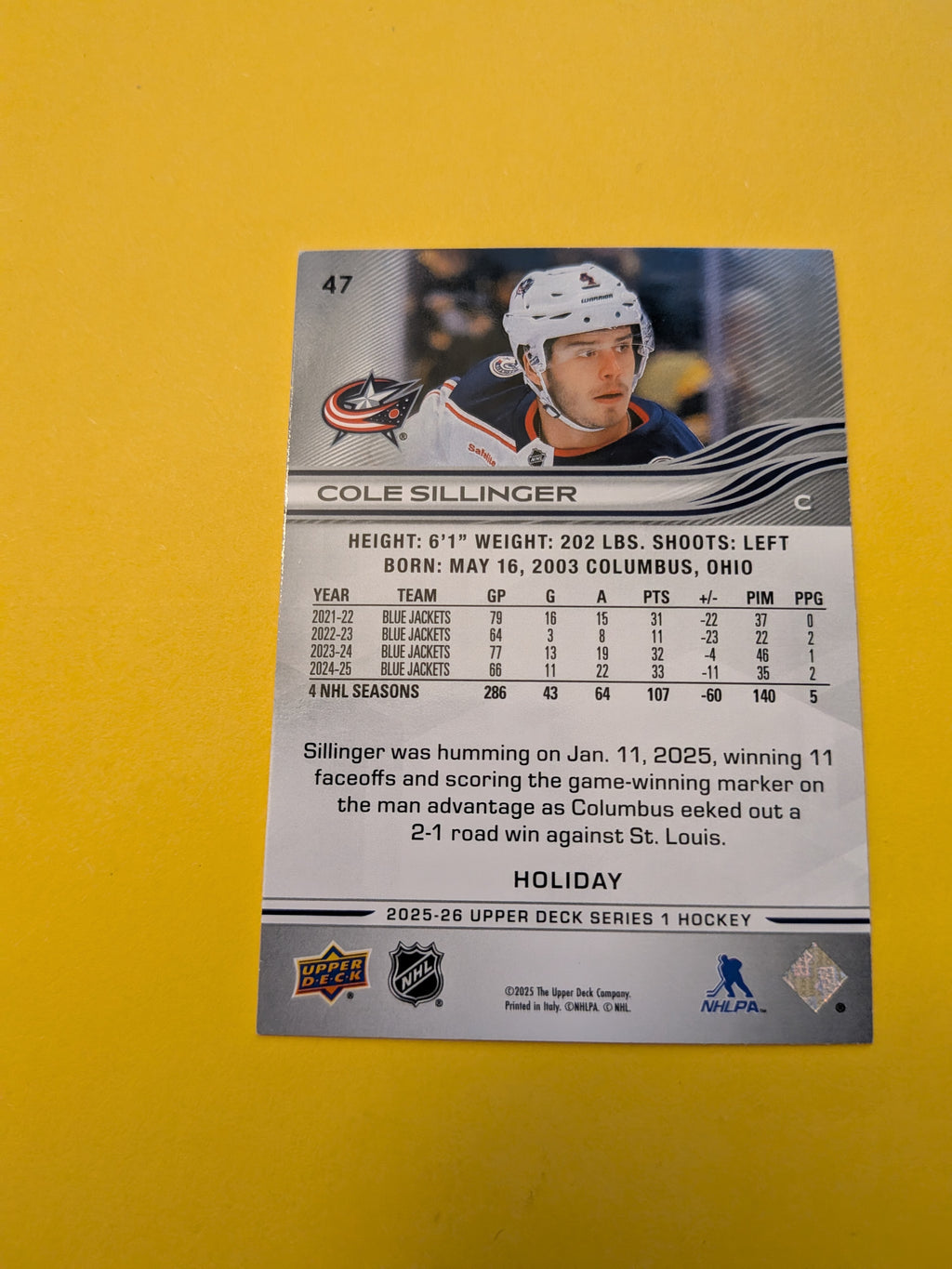 Cole Sillinger 25-26 Upper Deck Green Holiday Card