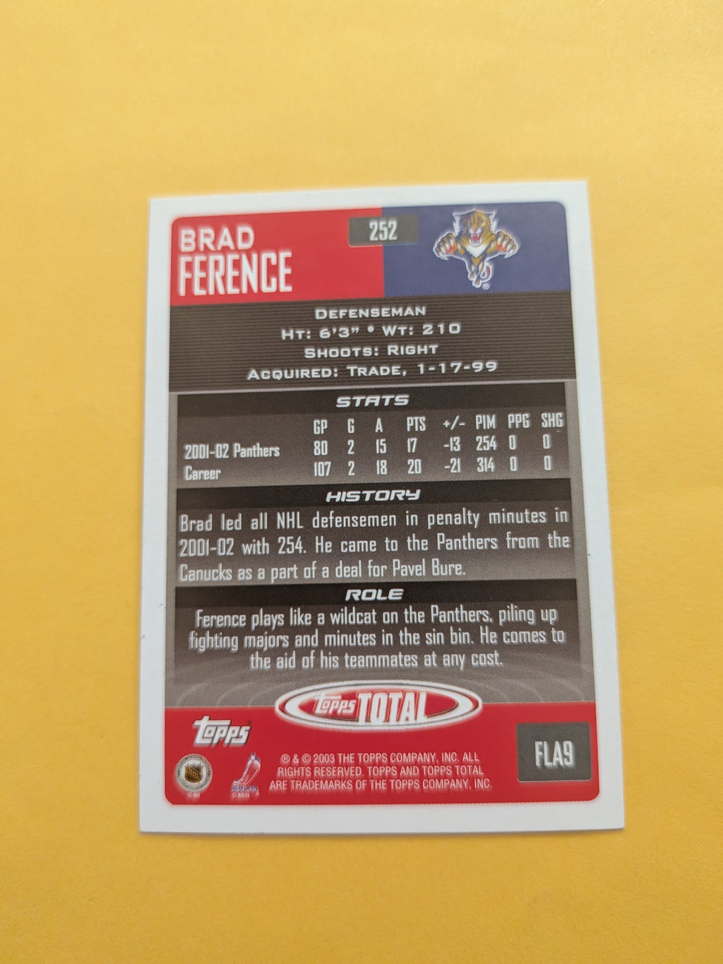 Brad Ference Signed Florida Panthers Card A