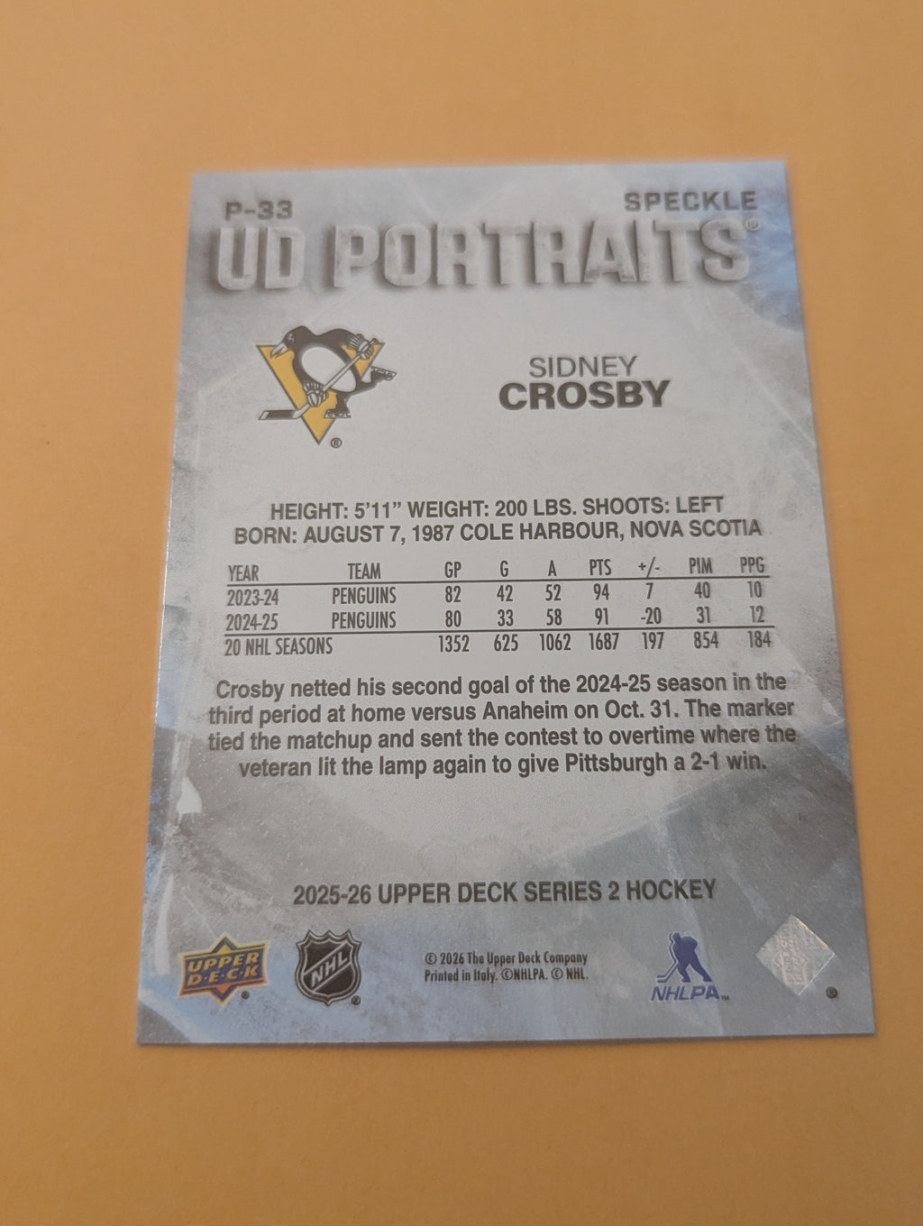 Sidney Crosby 25-26 Upper Deck UD Portraits Speckle Parallel Card