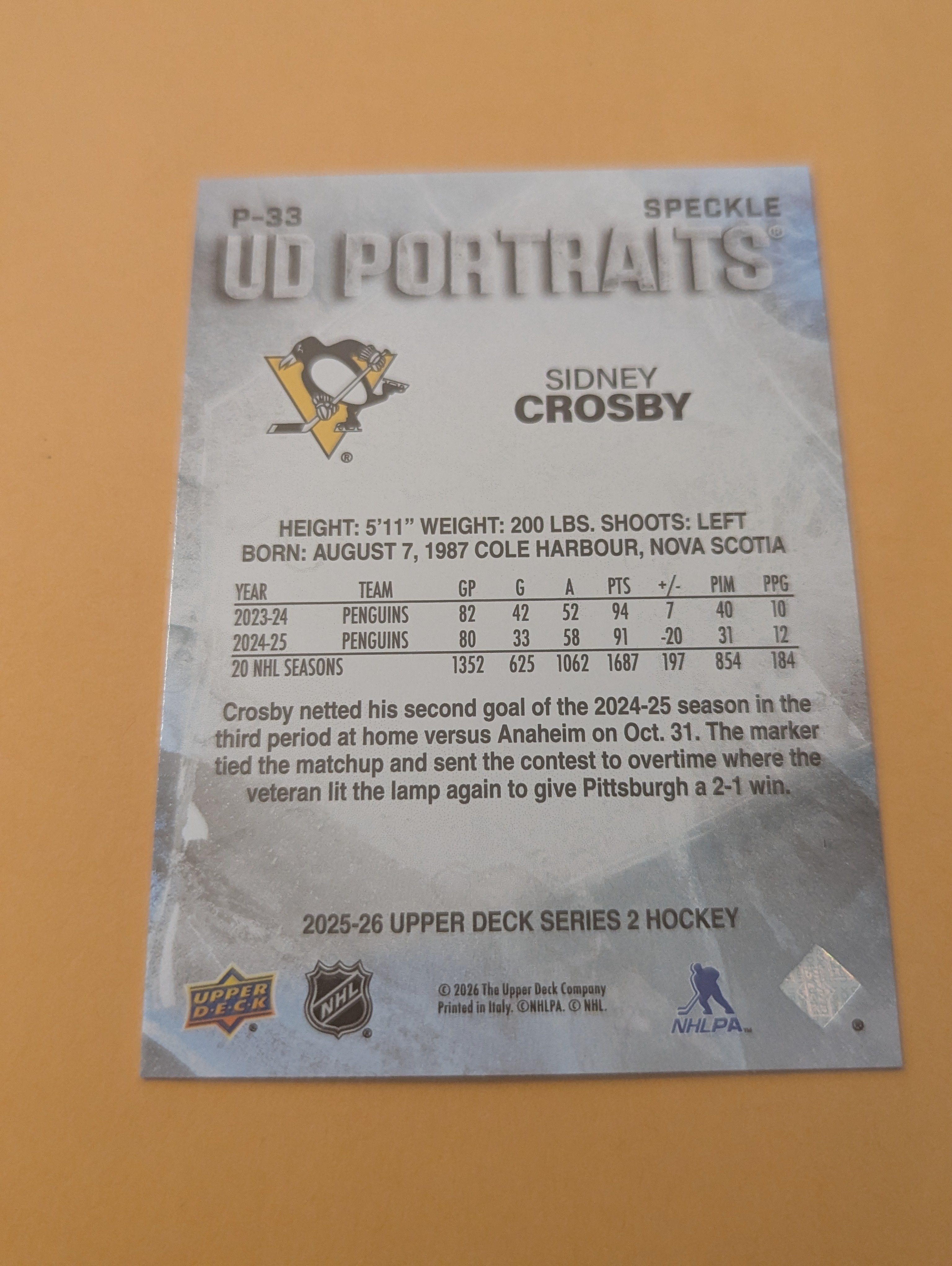 Sidney Crosby 25-26 Upper Deck UD Portraits Speckle Parallel Card