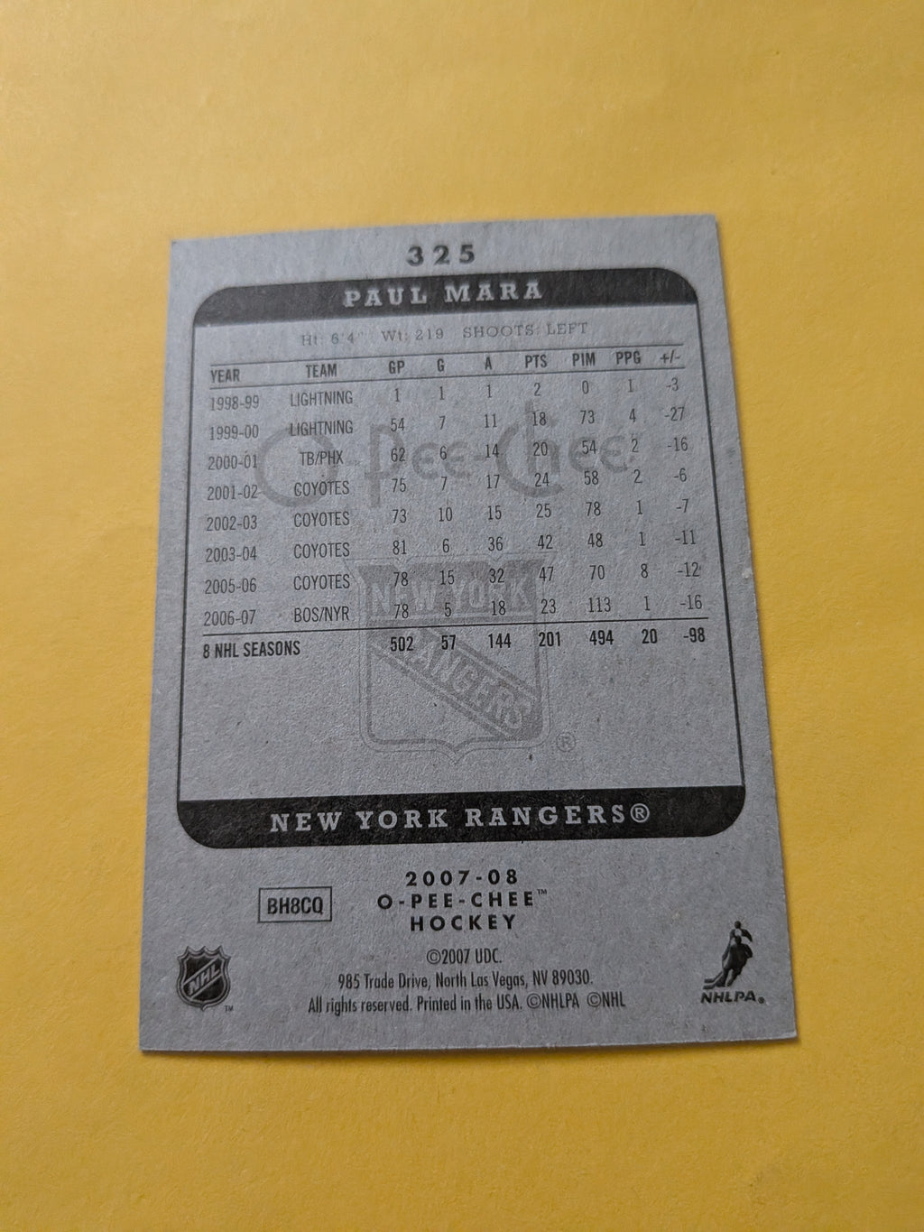 Paul Mara Signed New York Rangers Card A