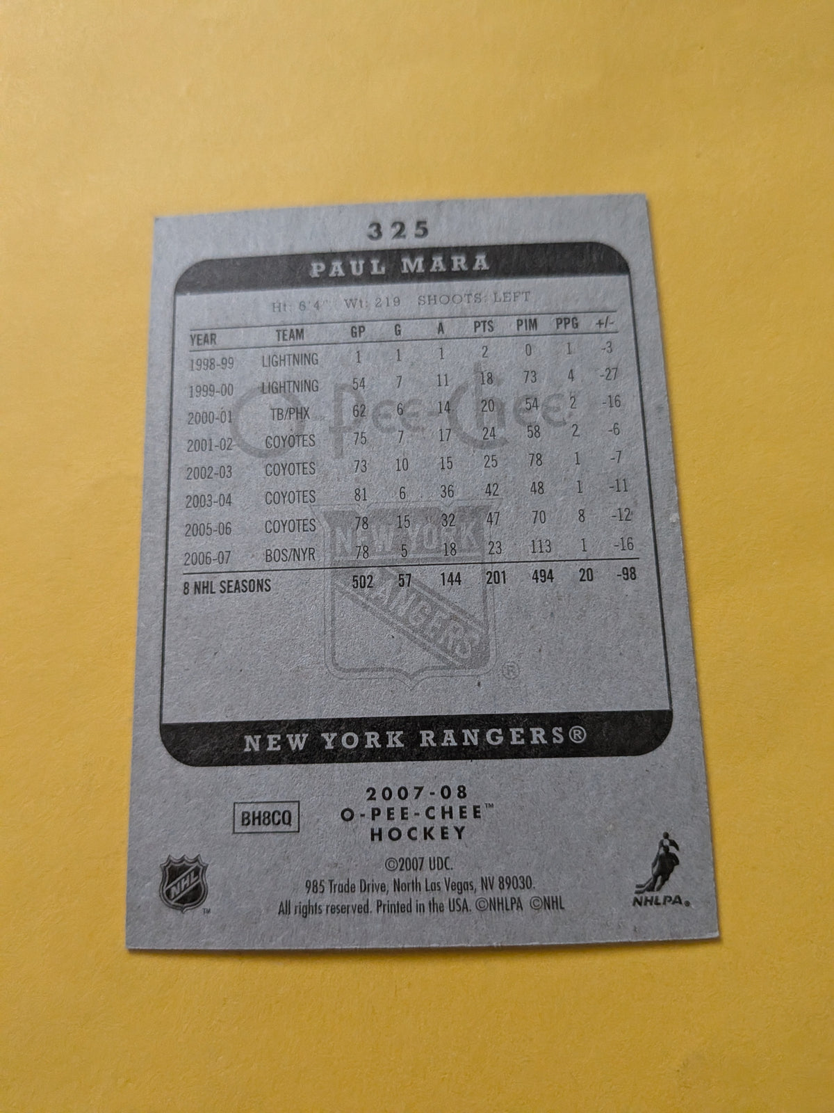 Paul Mara Signed New York Rangers Card A