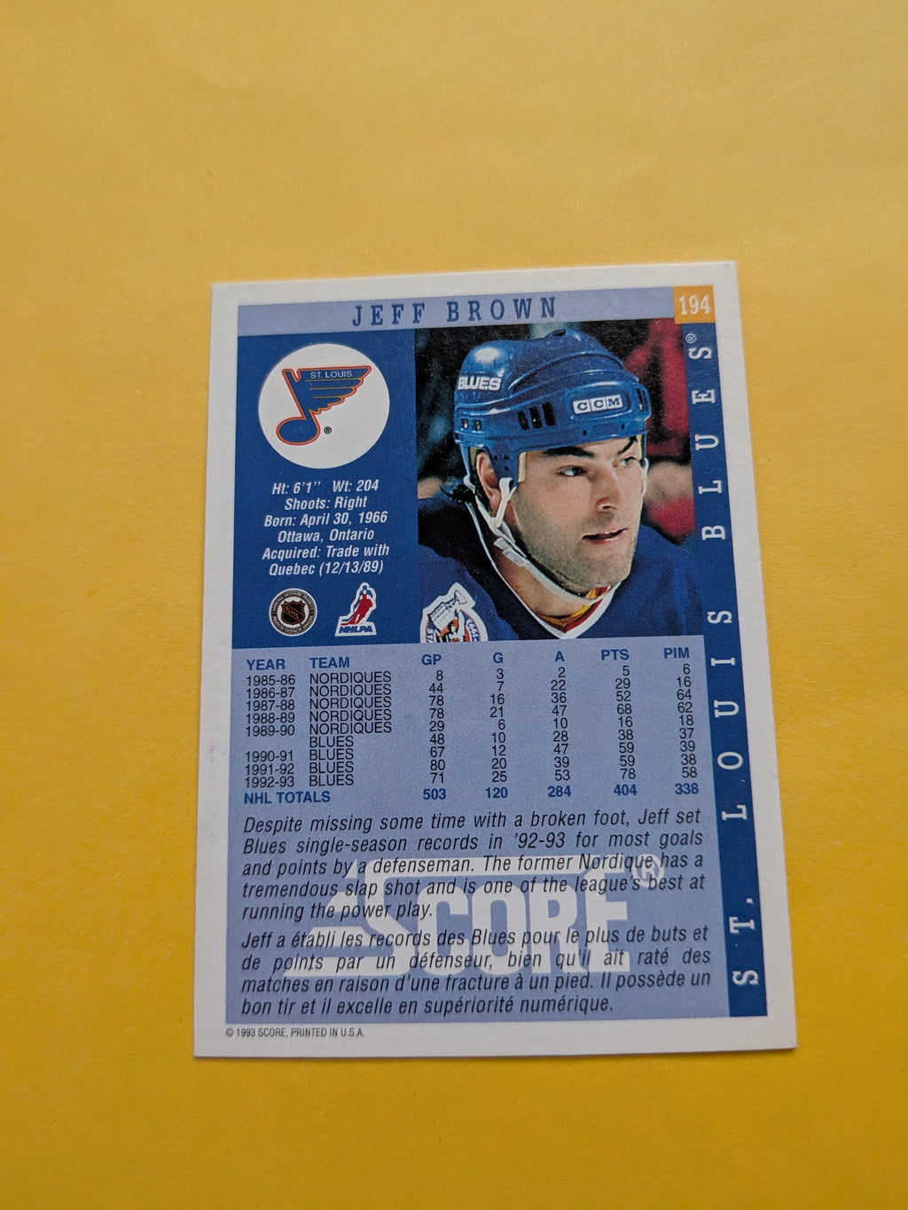 Jeff Brown Signed St. Louis Blues Card F