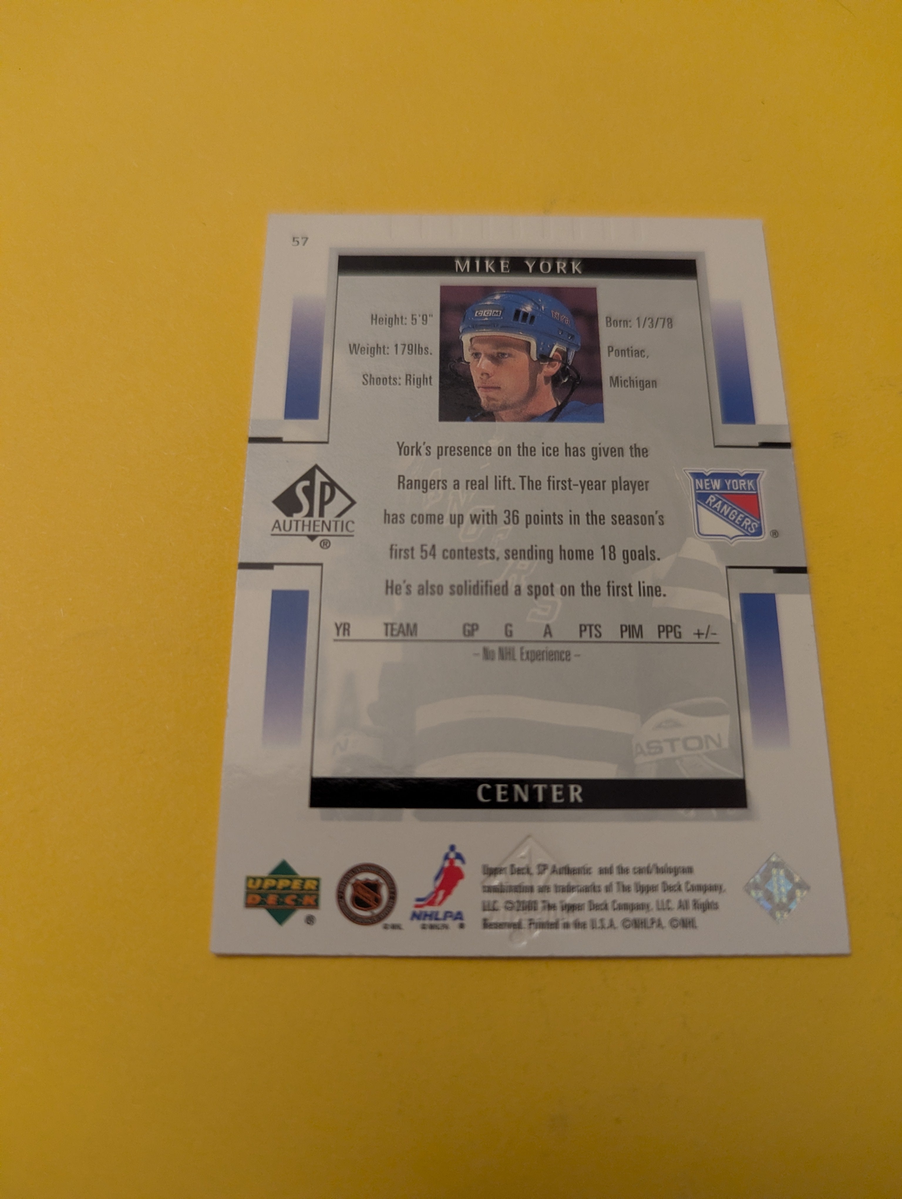 Mike York Signed New York Rangers Card