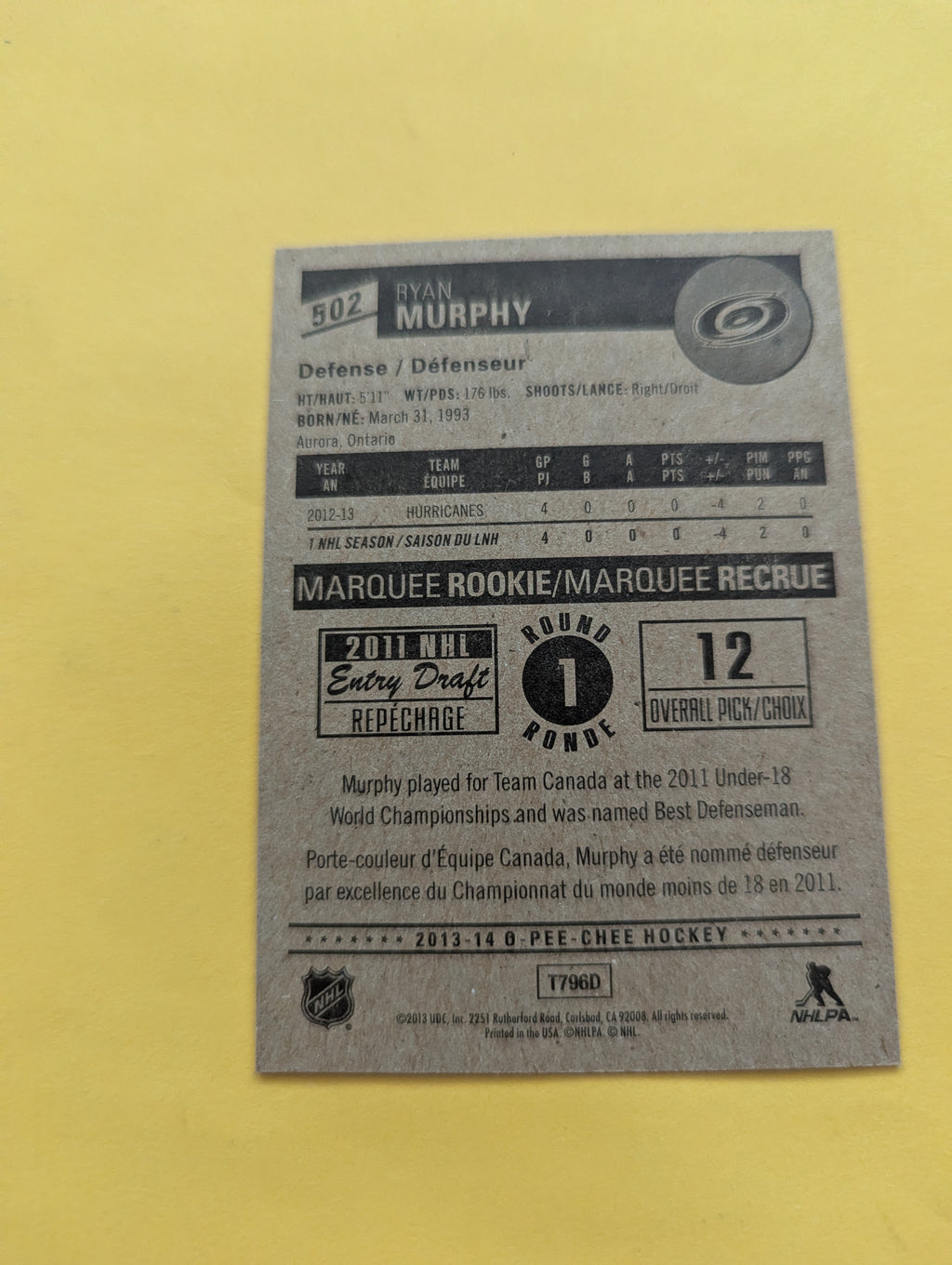 Ryan Murphy Signed Carolina Hurricanes Rookie Card B