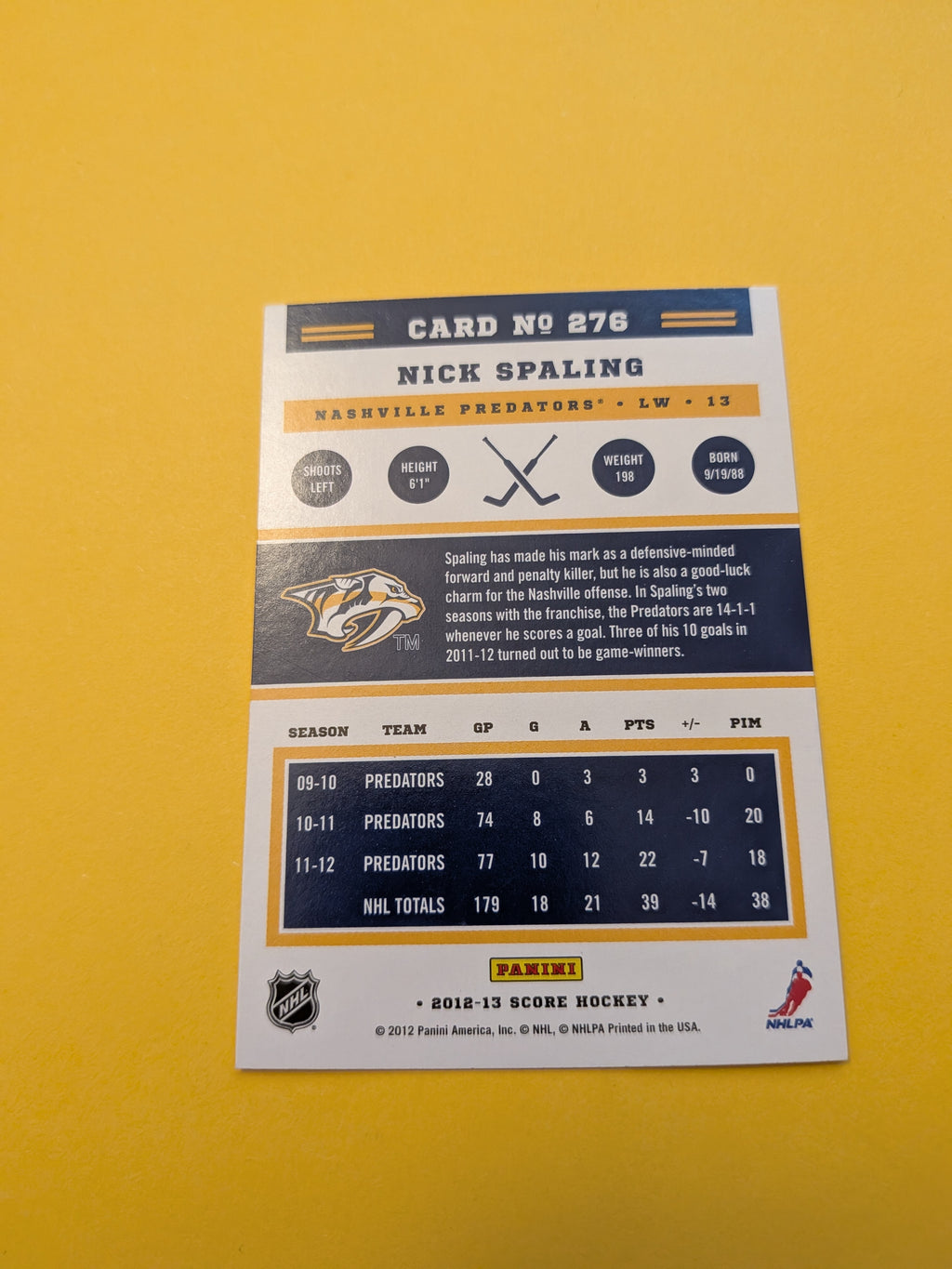 Nick Spaling Signed Nashville Predators Card D