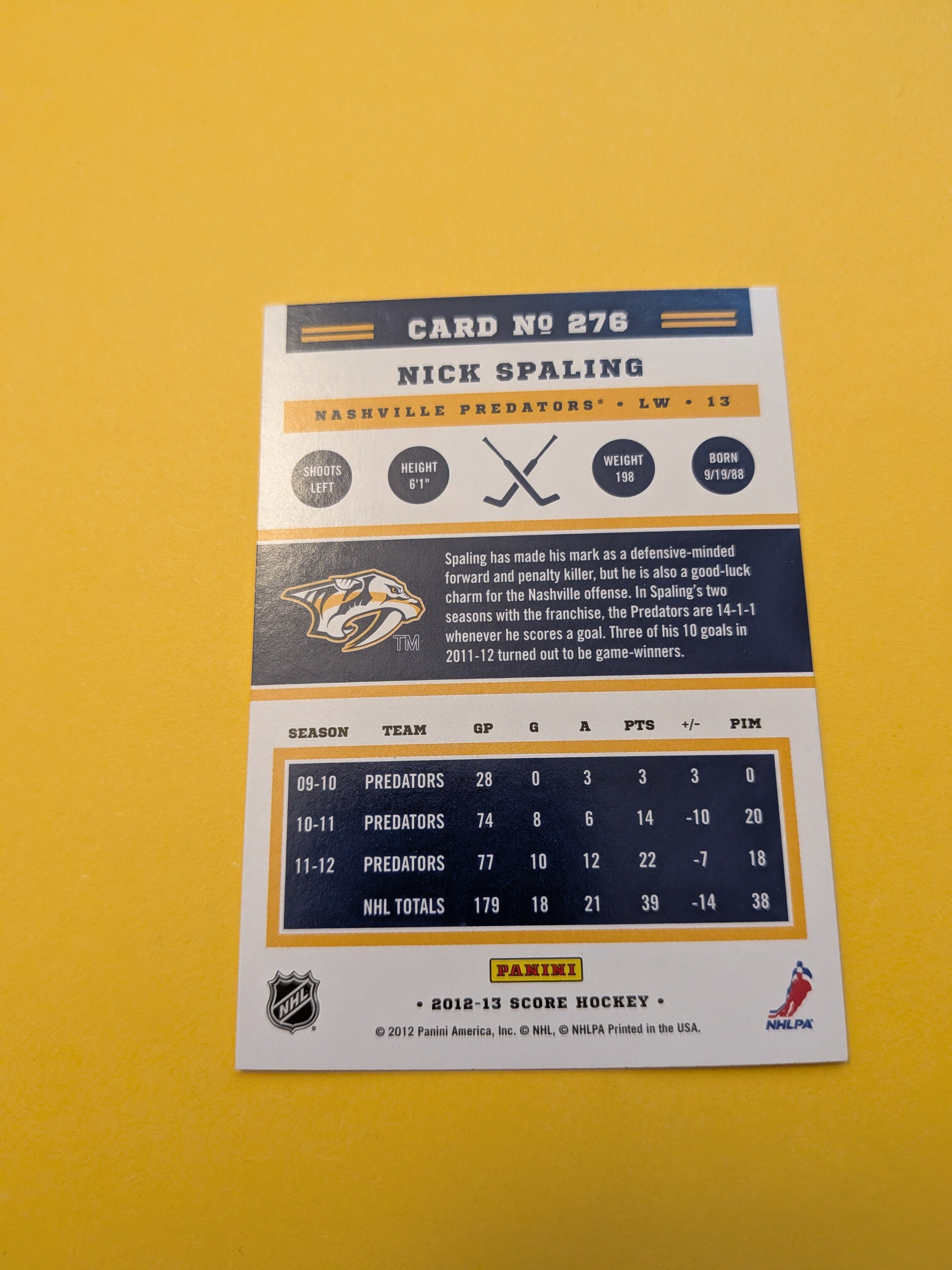 Nick Spaling Signed Nashville Predators Card D