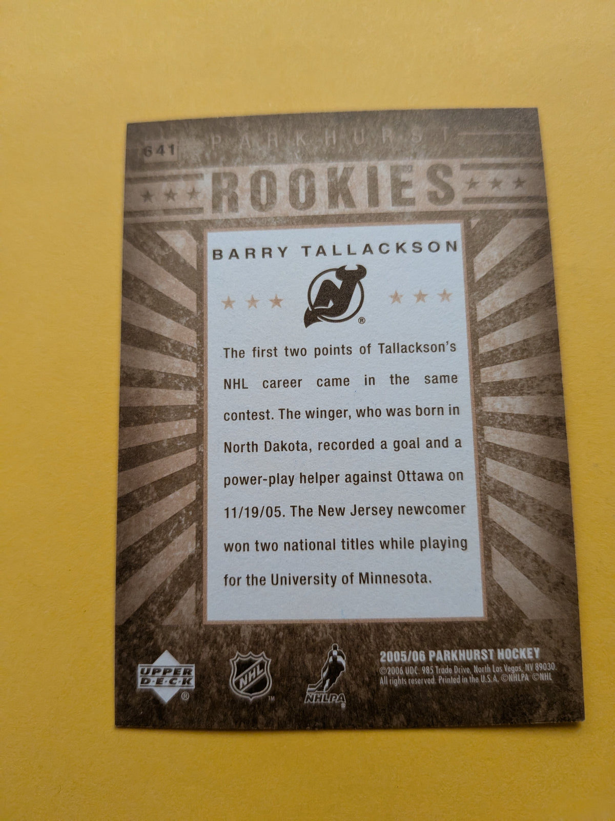 Barry Tallackson Signed New Jersey Devils Rookie Card A