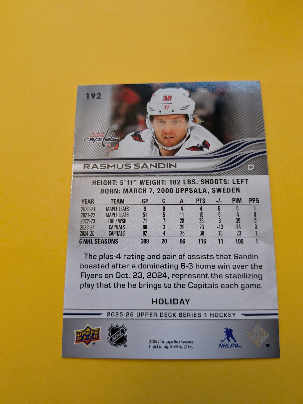 Rasmus Sandin 25-26 Upper Deck Green Holiday Card