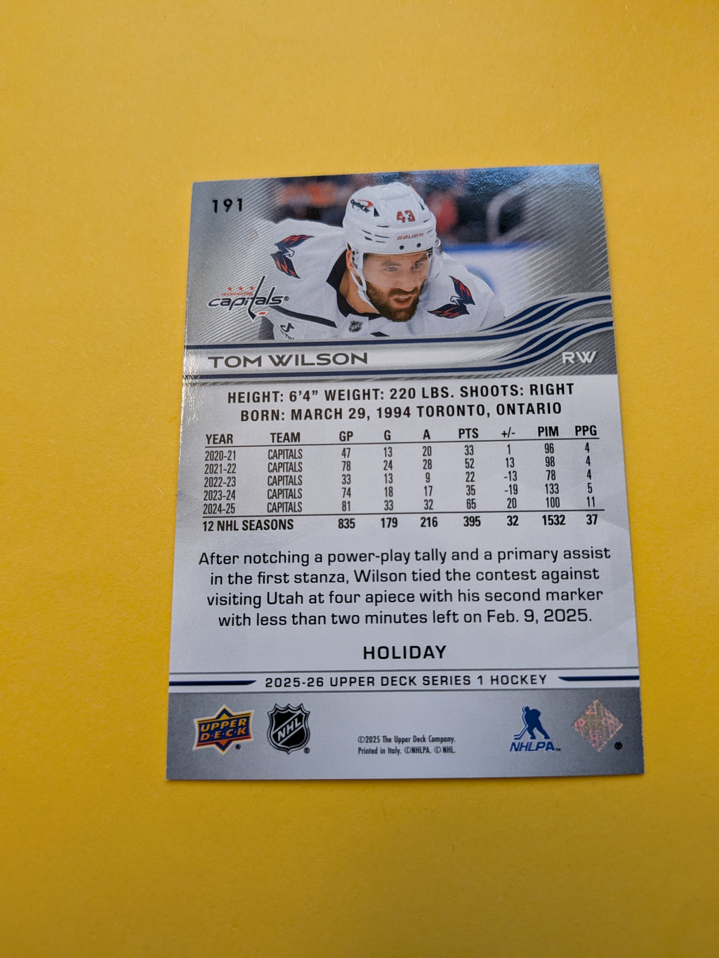 Tom Wilson 25-26 Upper Deck Green Holiday Card