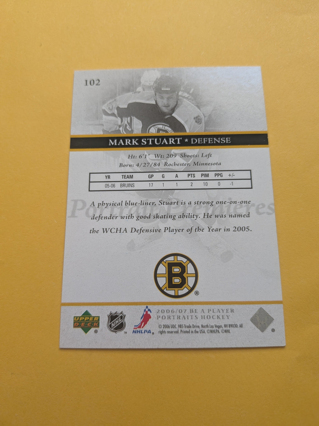 Mark Stuart Signed Boston Bruins Rookie Card C