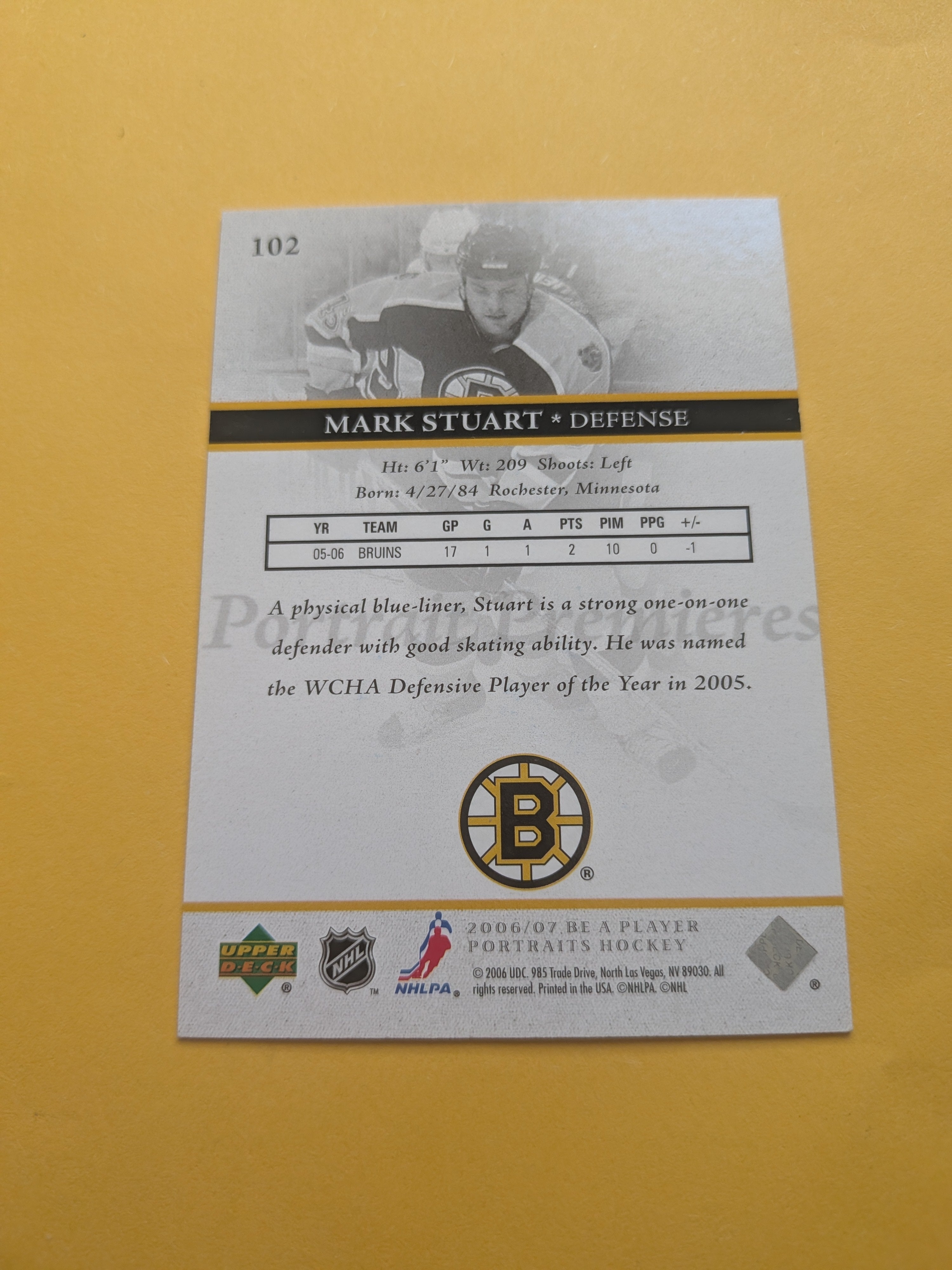 Mark Stuart Signed Boston Bruins Rookie Card C