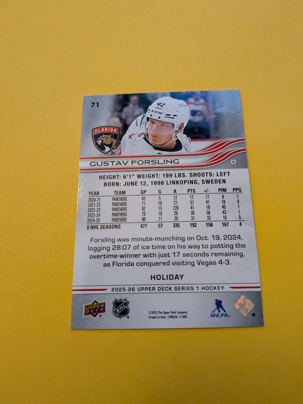 Gustav Forsling 25-26 Upper Deck Green Holiday Card