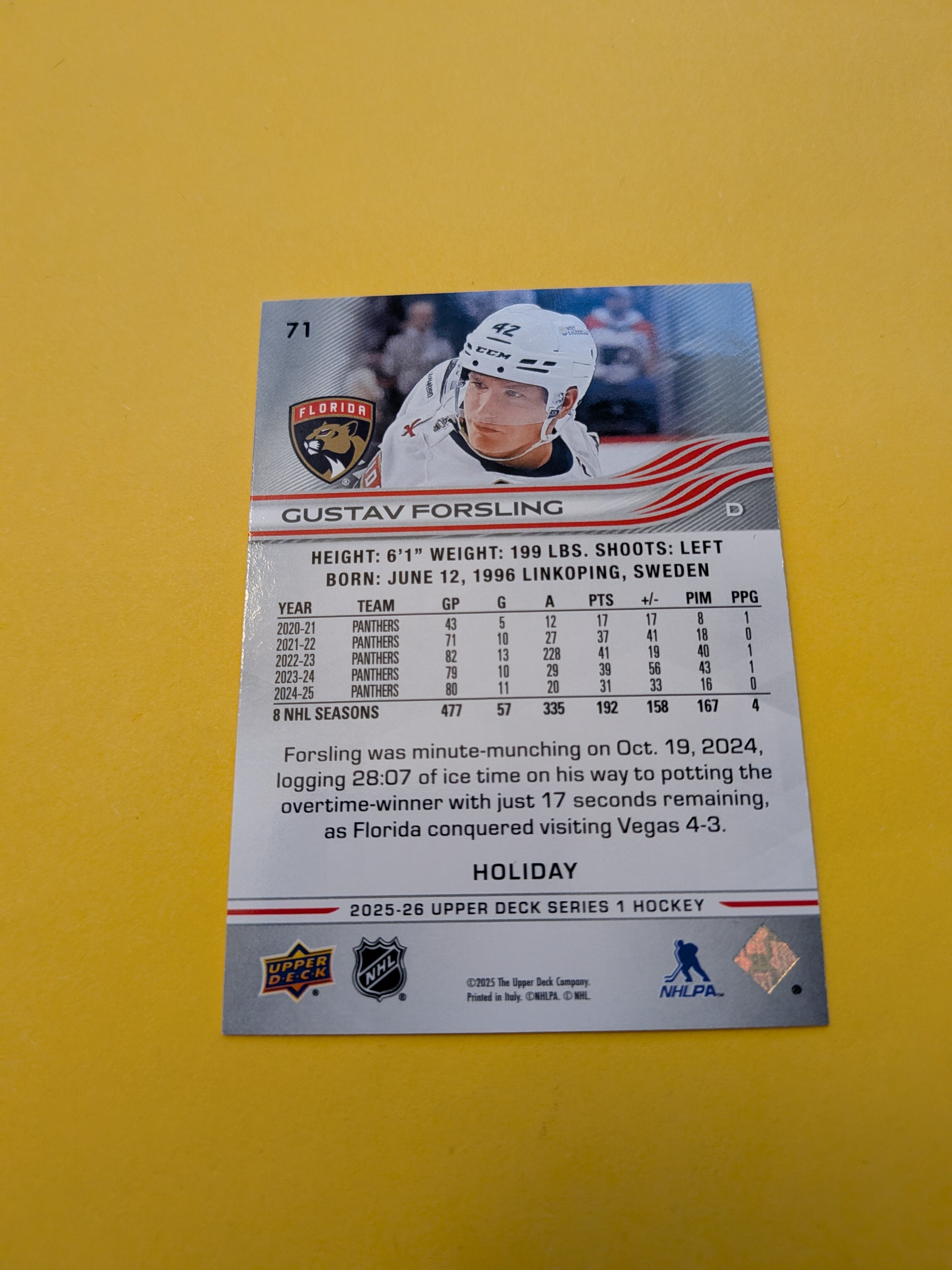 Gustav Forsling 25-26 Upper Deck Green Holiday Card