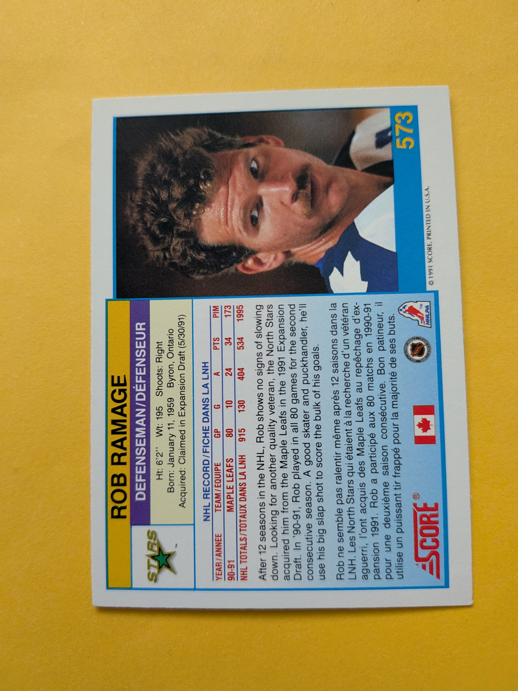 Rob Ramage Signed Minnesota North Stars Card B