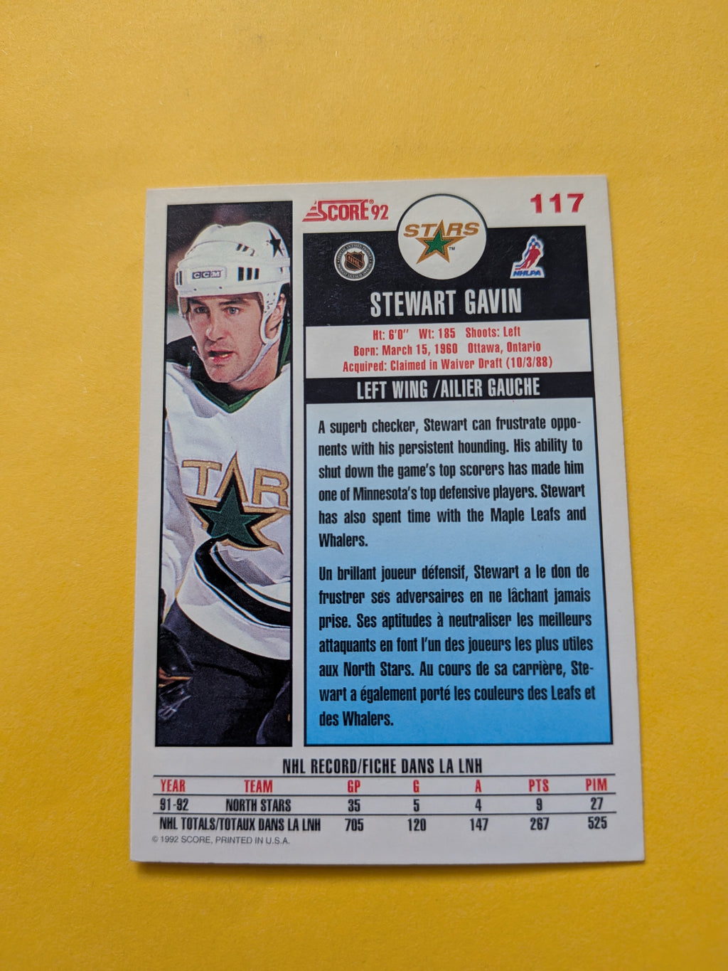 Stewart Gavin Signed Minnesota North Stars Card A