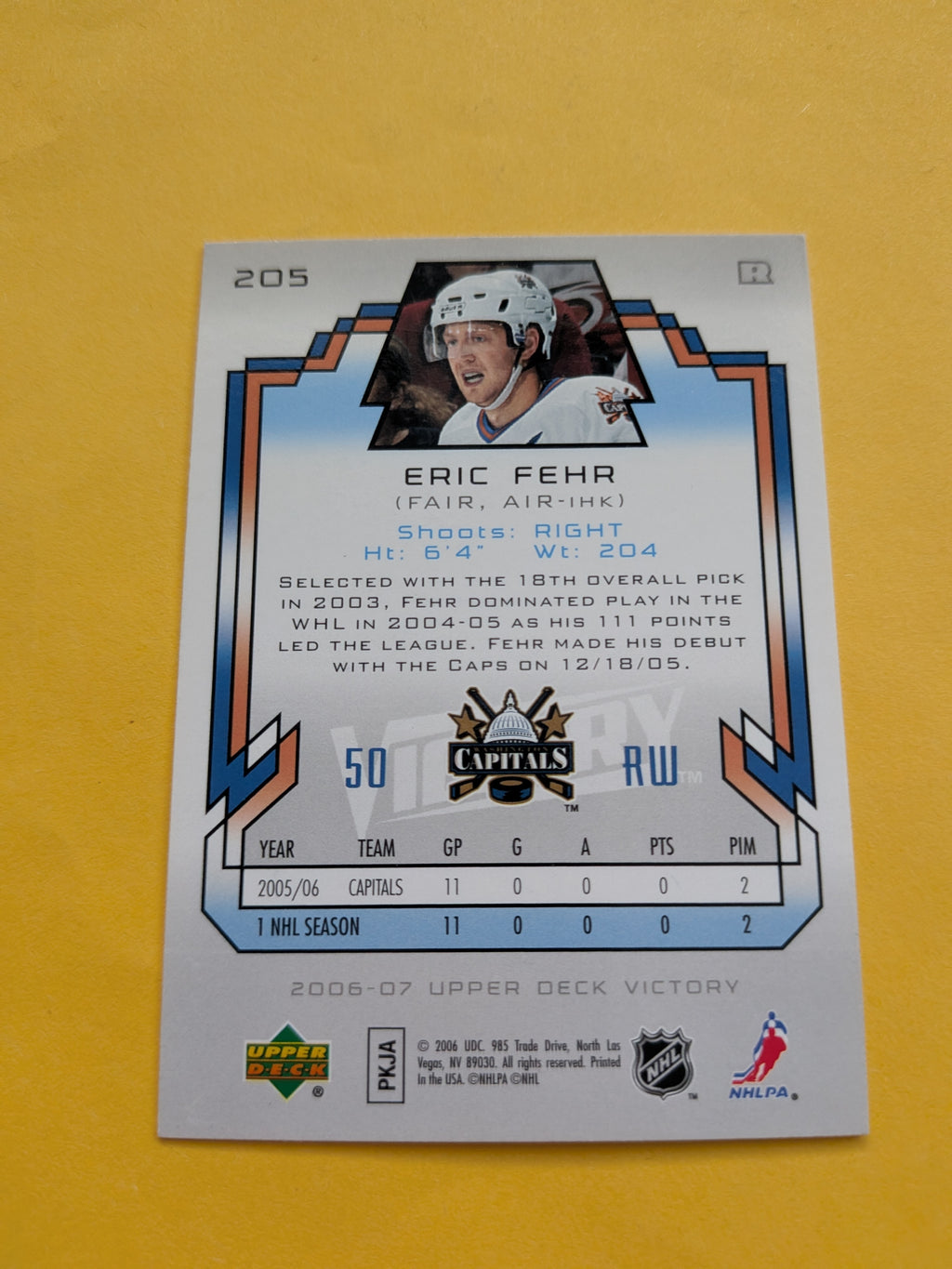 Eric Fehr Signed Washington Capitals Rookie Card A