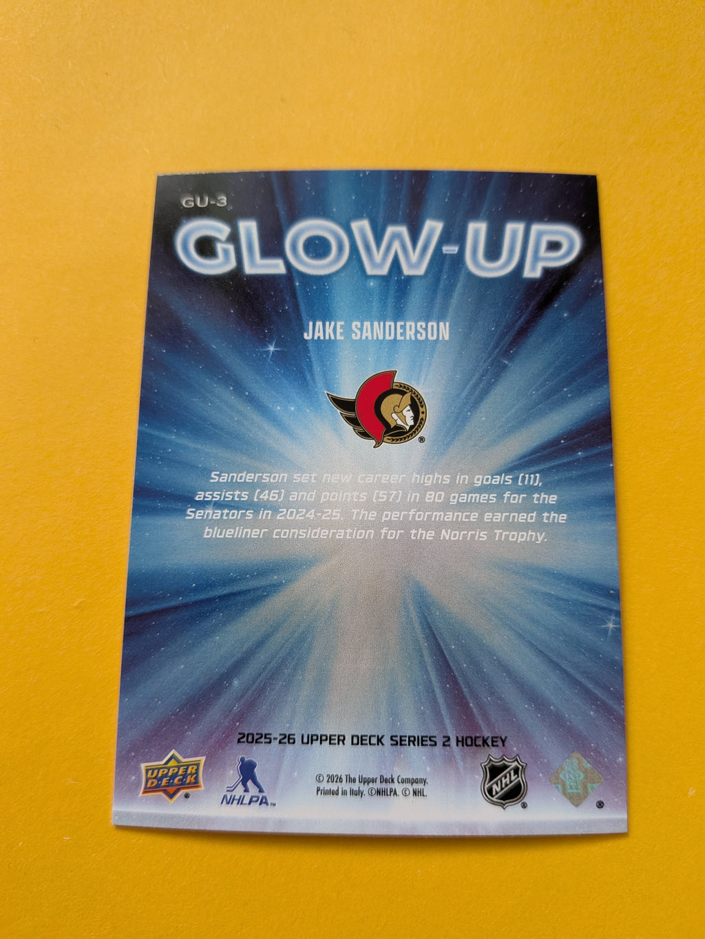 Jake Sanderson 25-26 Upper Deck Glow Up Card