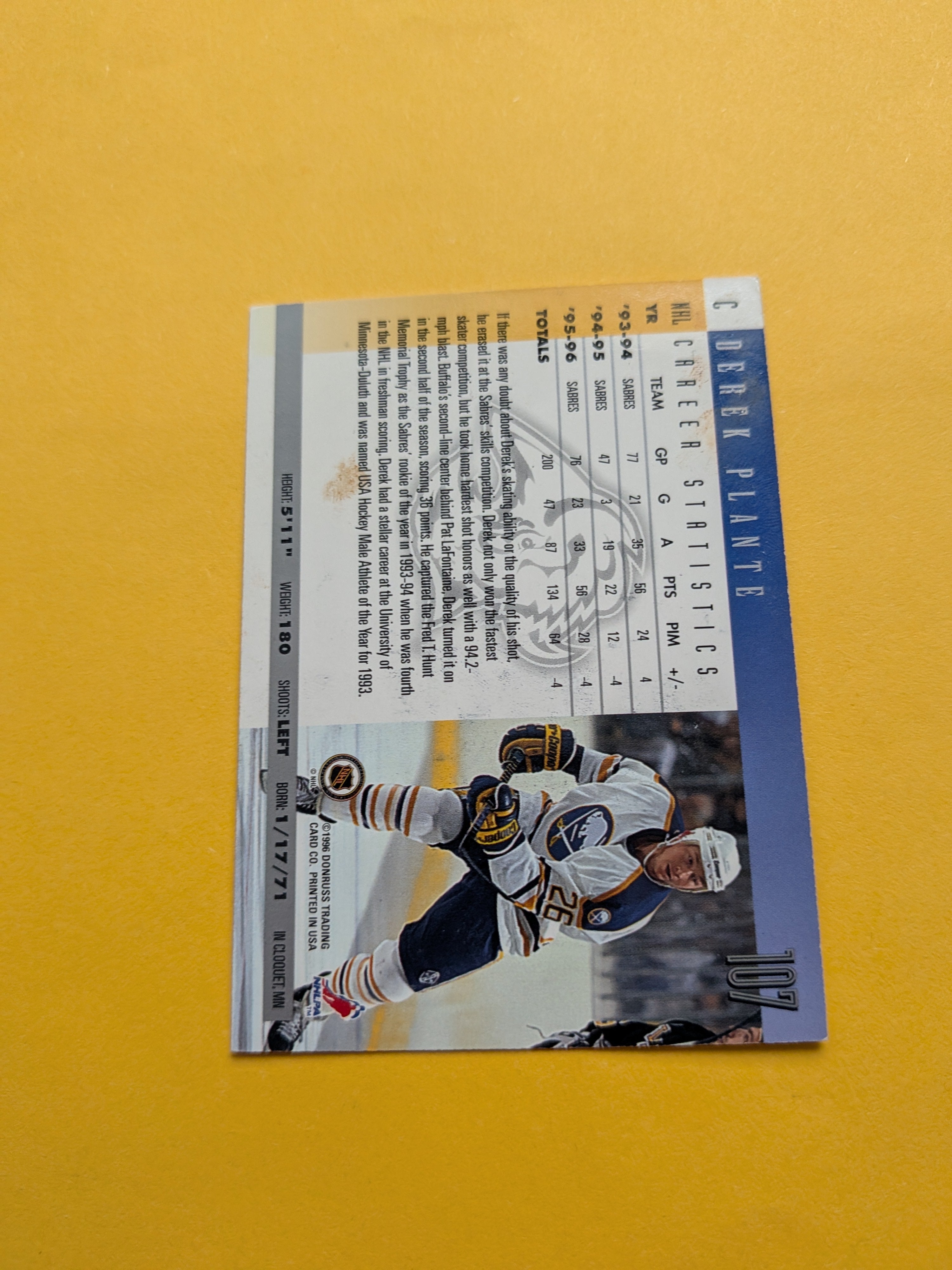 Derek Plante Signed Buffalo Sabres Card A