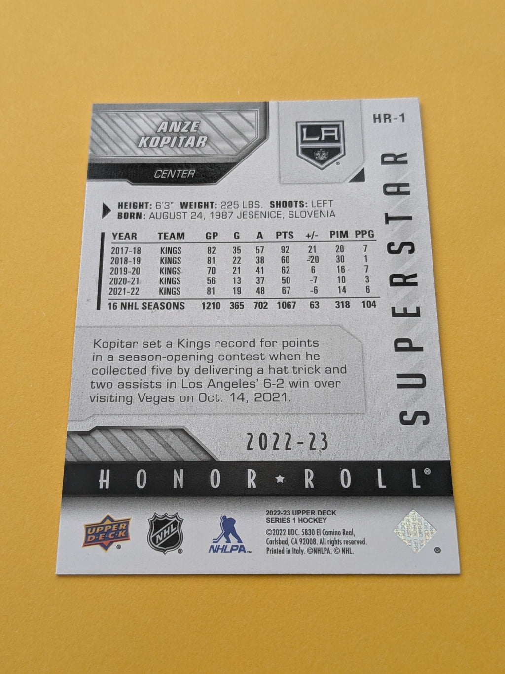 Anze Kopitar 22-23 Upper Deck Honor Roll Superstar Card