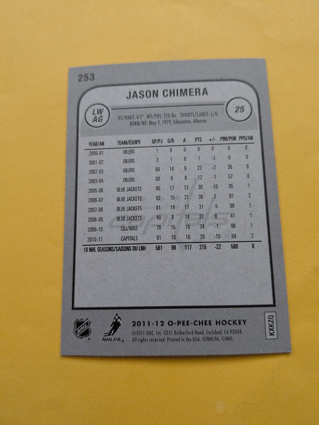 Jason Chimera Signed Washington Capitals Card E