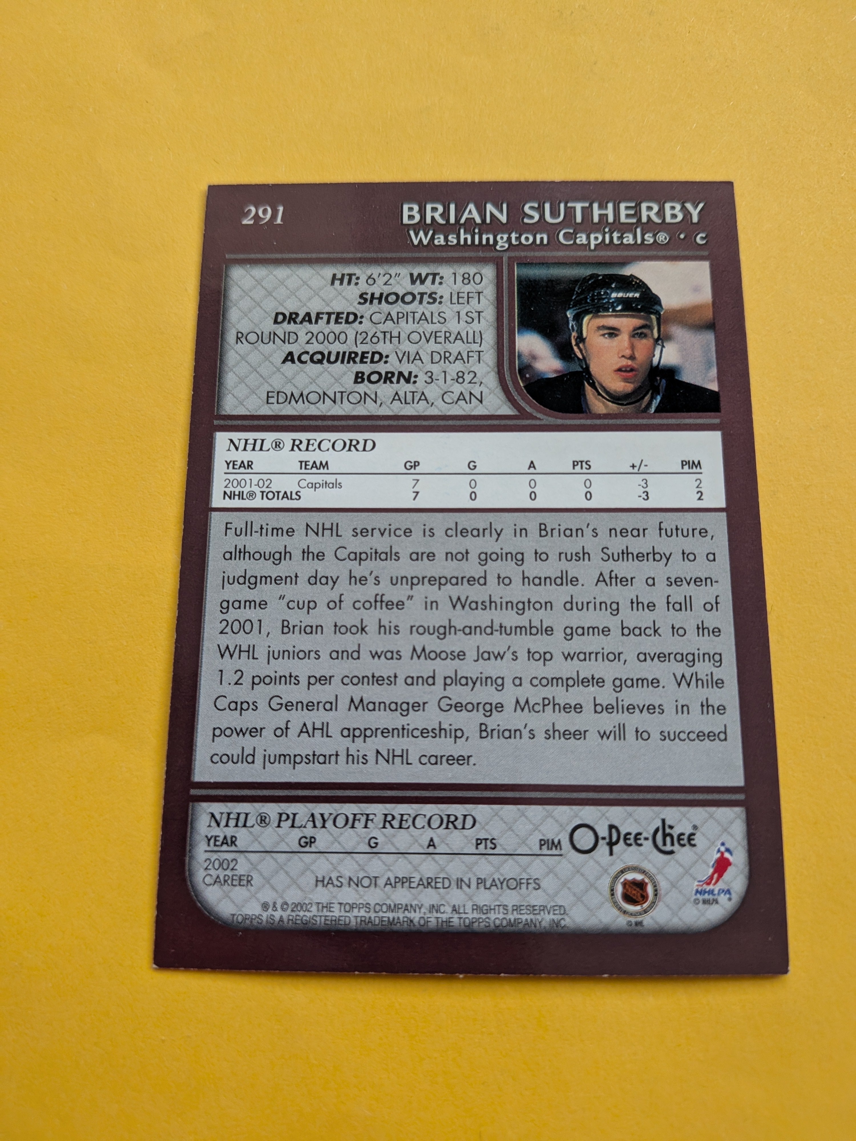 Brian Sutherby Signed Washington Capitals Card B