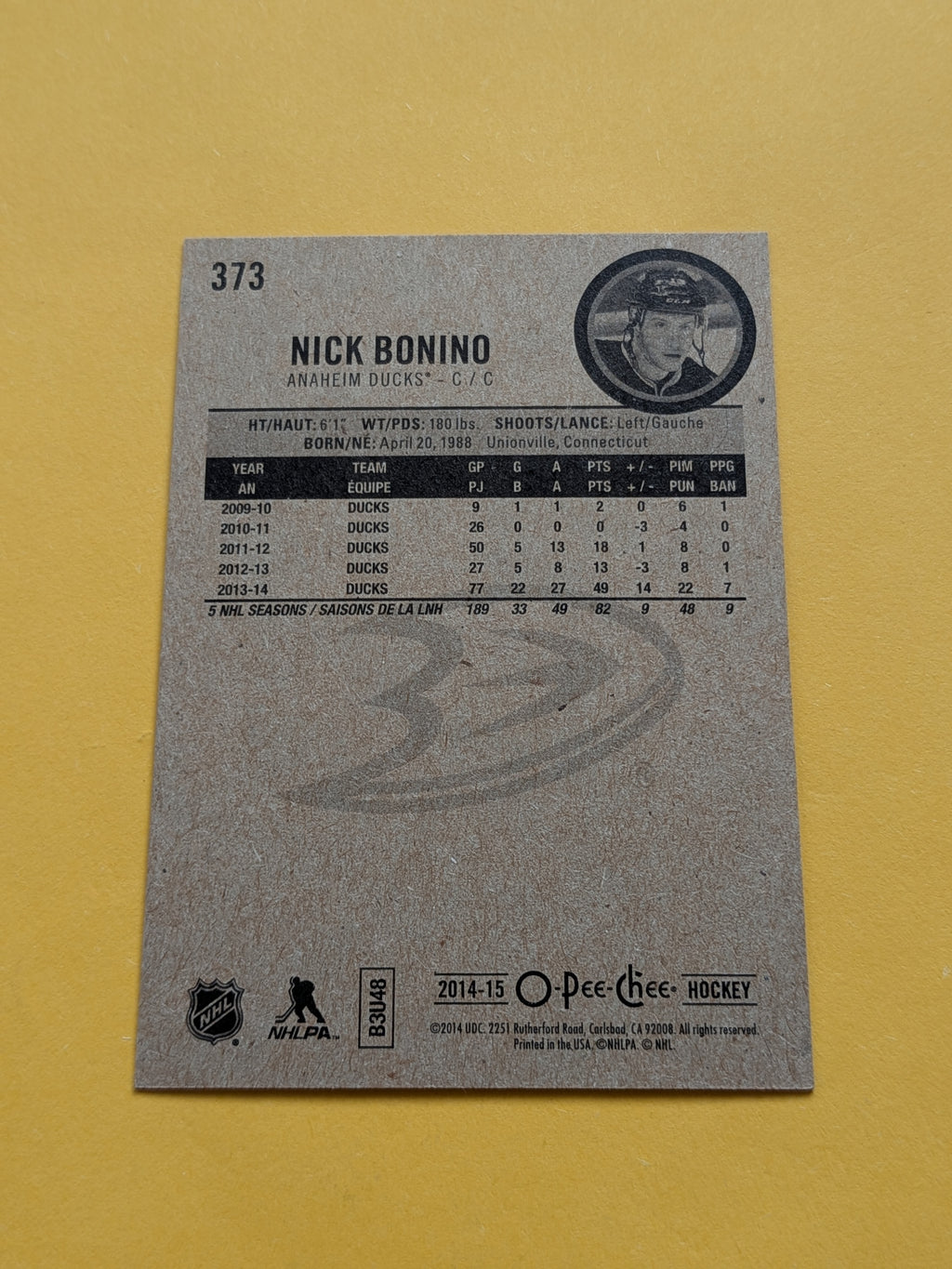 Nick Bonino Signed Anaheim Ducks Card C