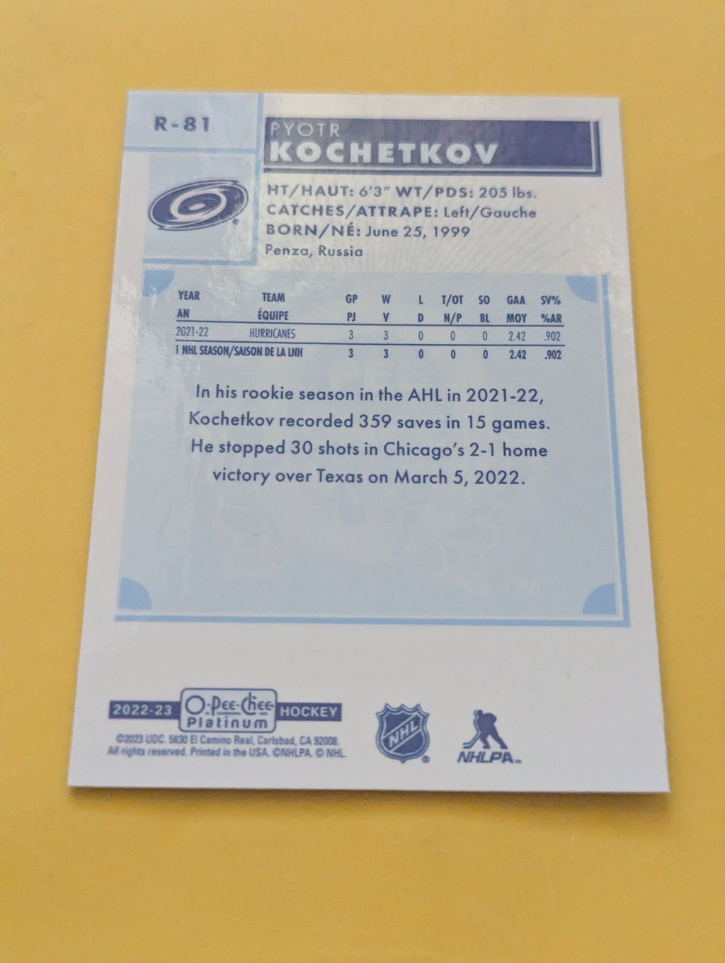 Pyotr Kochetkov 22-23 OPC Platinum Retro Rookie Card