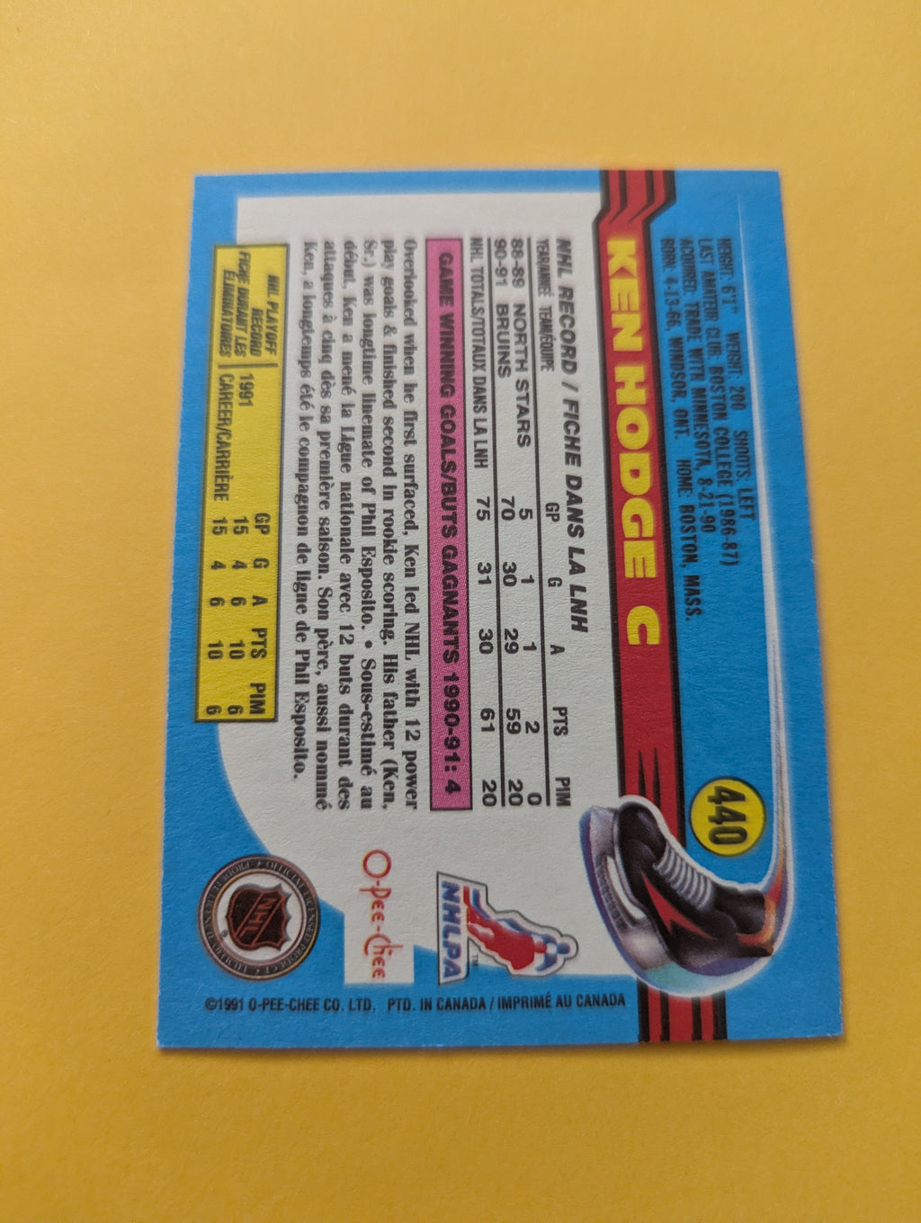 Ken Hodge Signed Boston Bruins Card