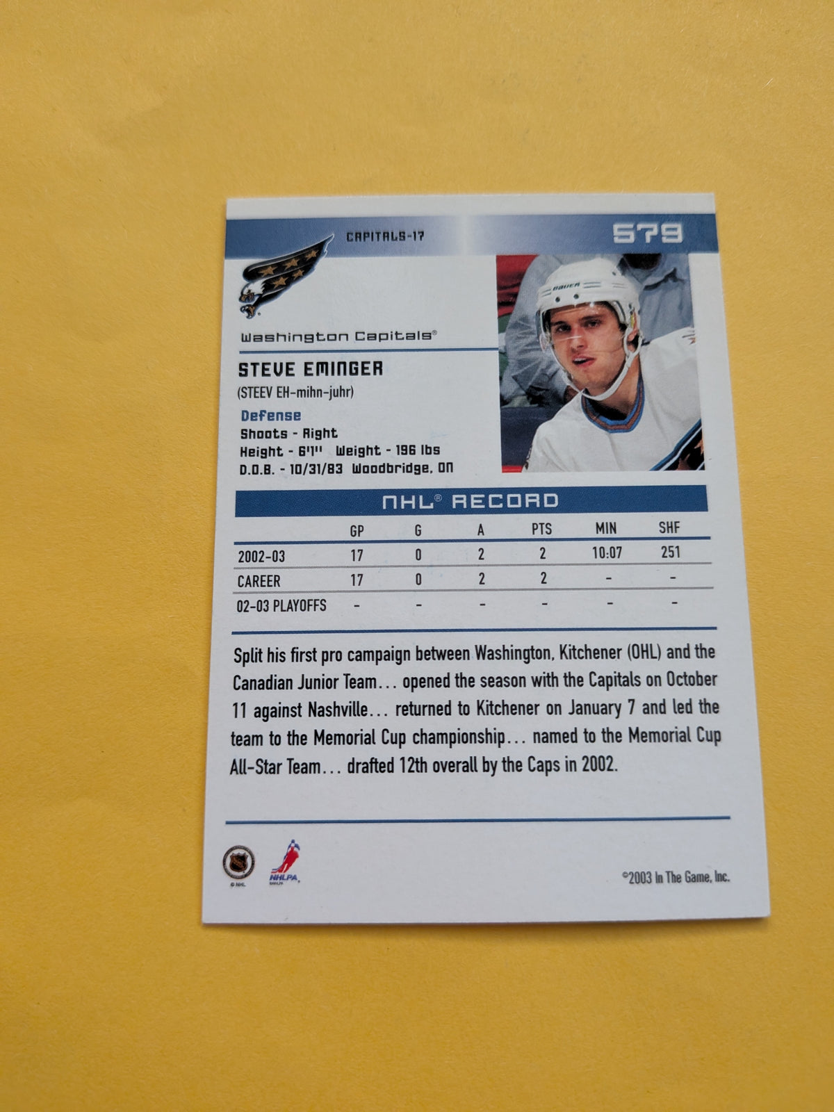 Steve Eminger Signed Washington Capitals Card C