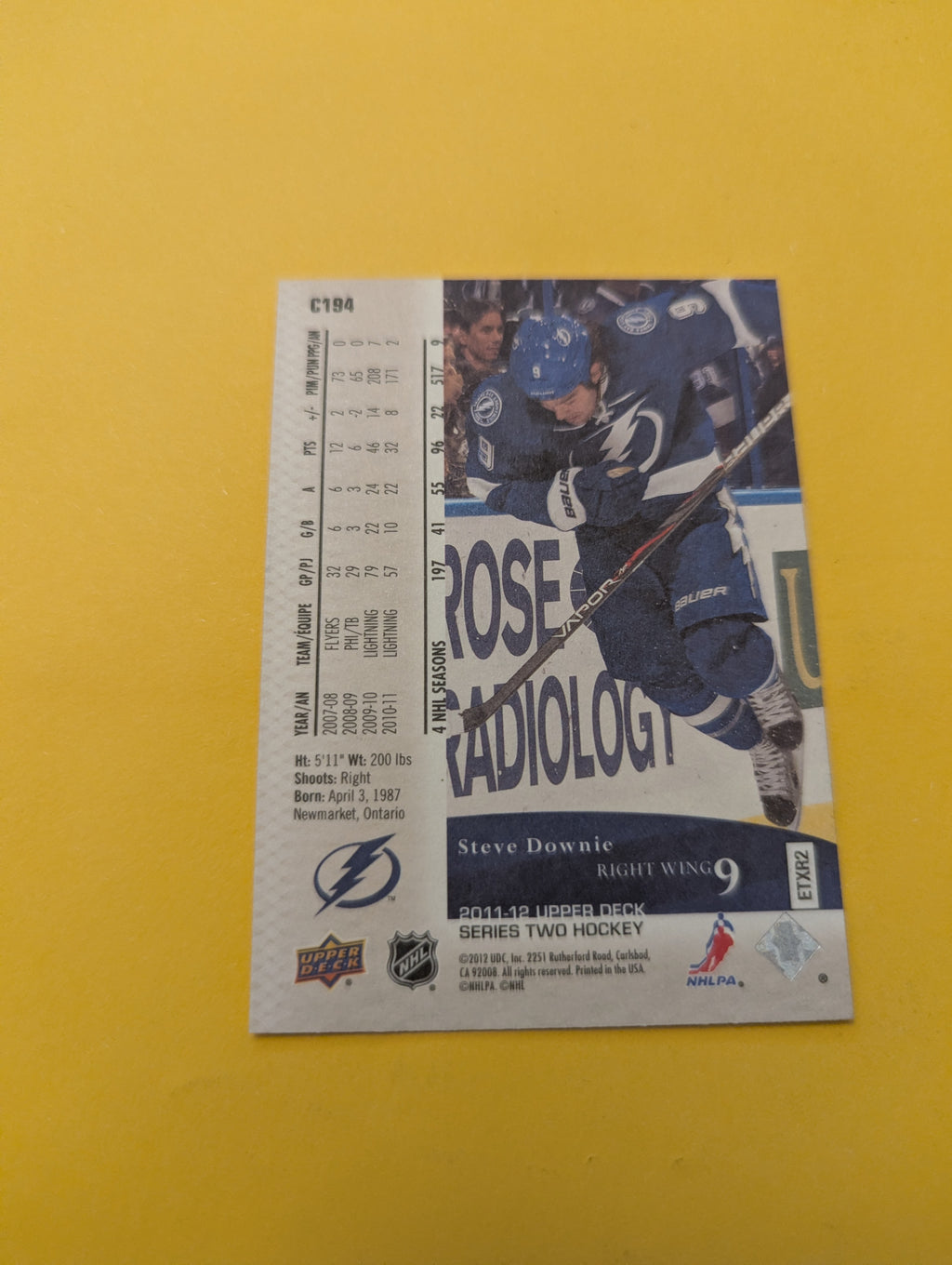 Steve Downie Signed Tampa Bay Lightning Card
