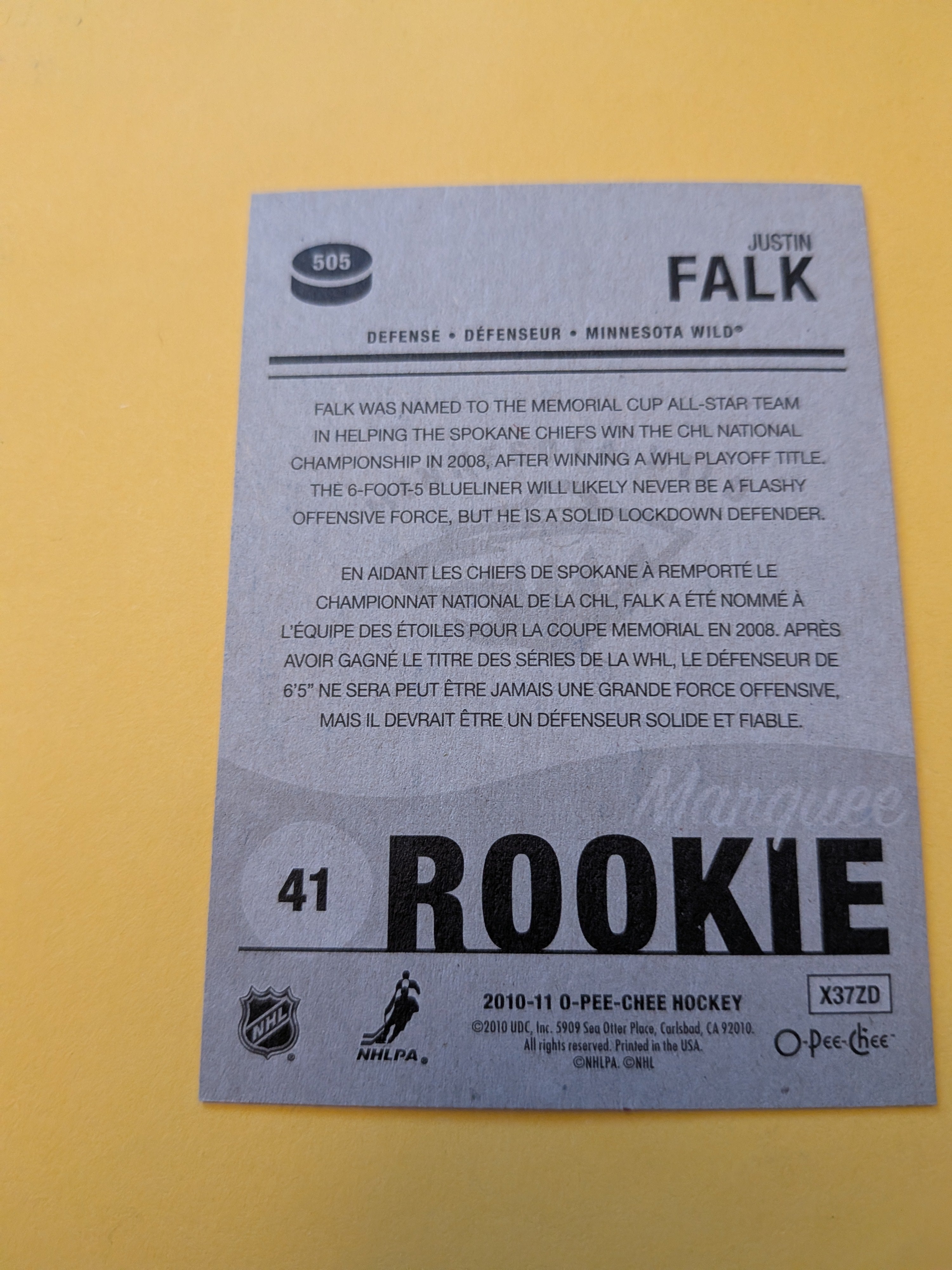 Justin Falk Signed Minnesota Wild Rookie Card A